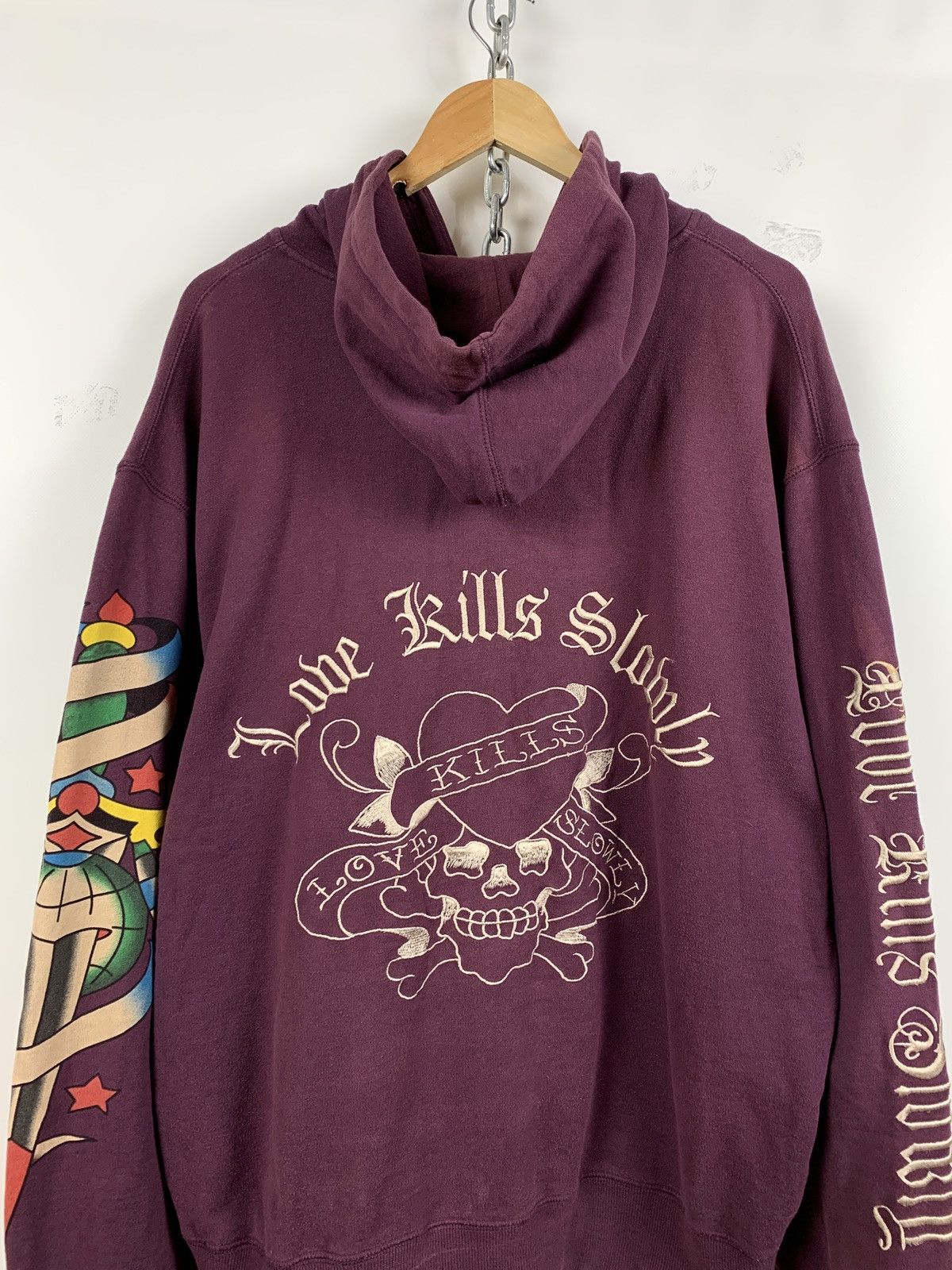 Christian Audigier Vintage Ed Hardy Purple Love Kills Slowly Skull Y2K Hoodie Size US XL / EU 56 / 4 - 4 Thumbnail