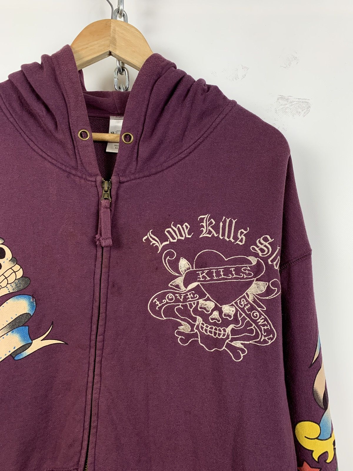 Christian Audigier Vintage Ed Hardy Purple Love Kills Slowly Skull Y2K Hoodie Size US XL / EU 56 / 4 - 10 Thumbnail
