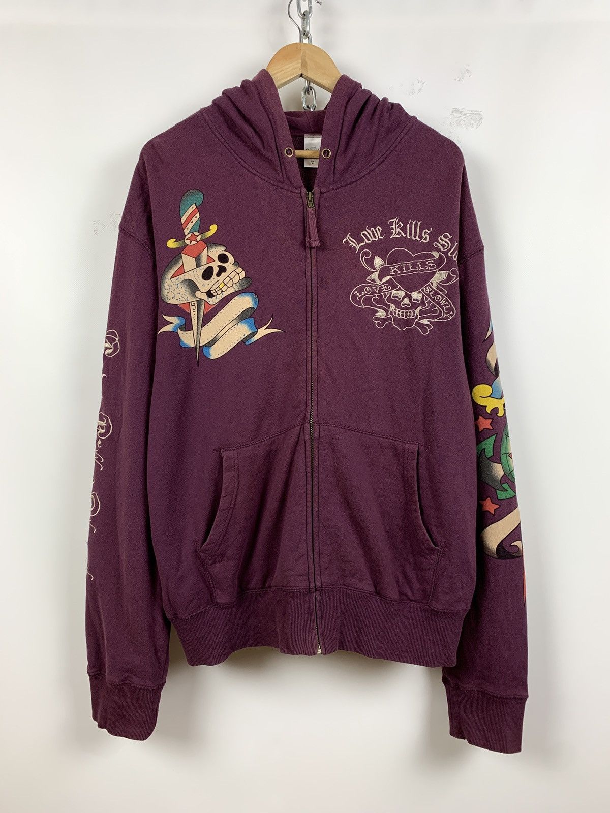 Christian Audigier Vintage Ed Hardy Purple Love Kills Slowly Skull Y2K Hoodie Size US XL / EU 56 / 4 - 2 Thumbnail