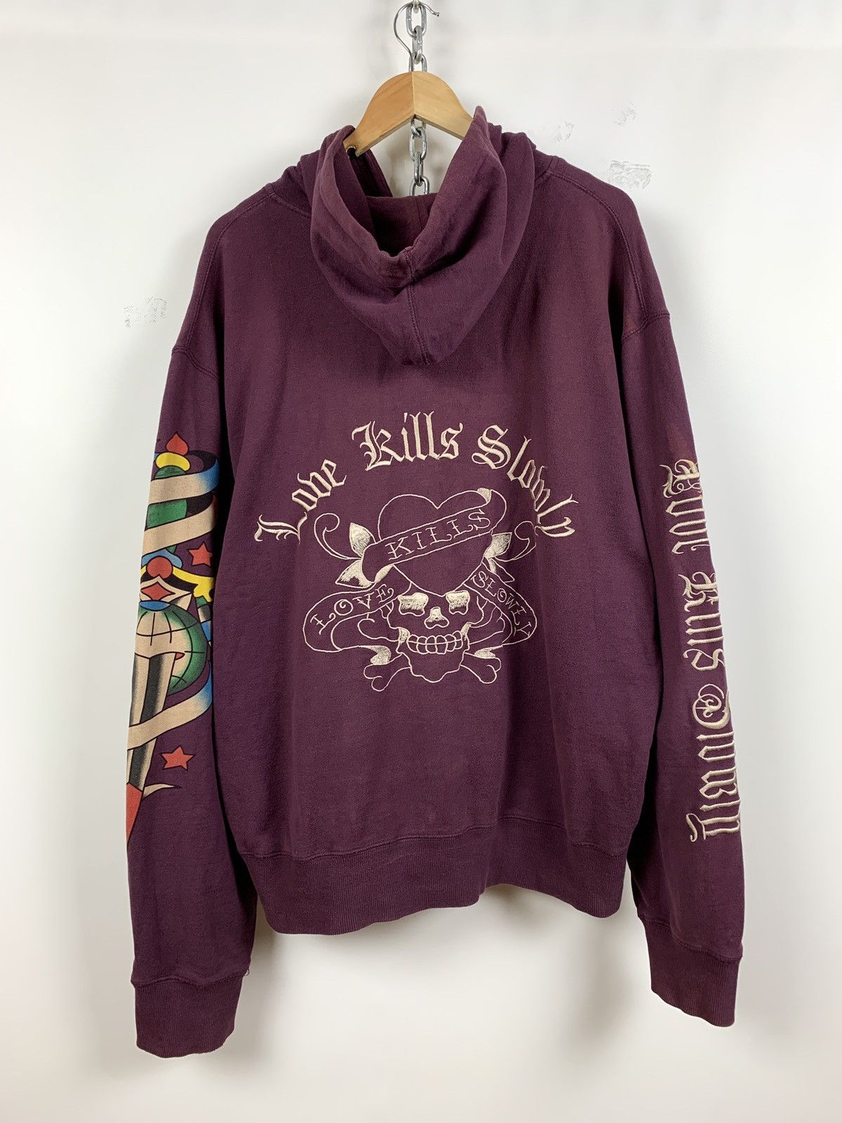 Christian Audigier Vintage Ed Hardy Purple Love Kills Slowly Skull Y2K Hoodie Size US XL / EU 56 / 4 - 1 Thumbnail