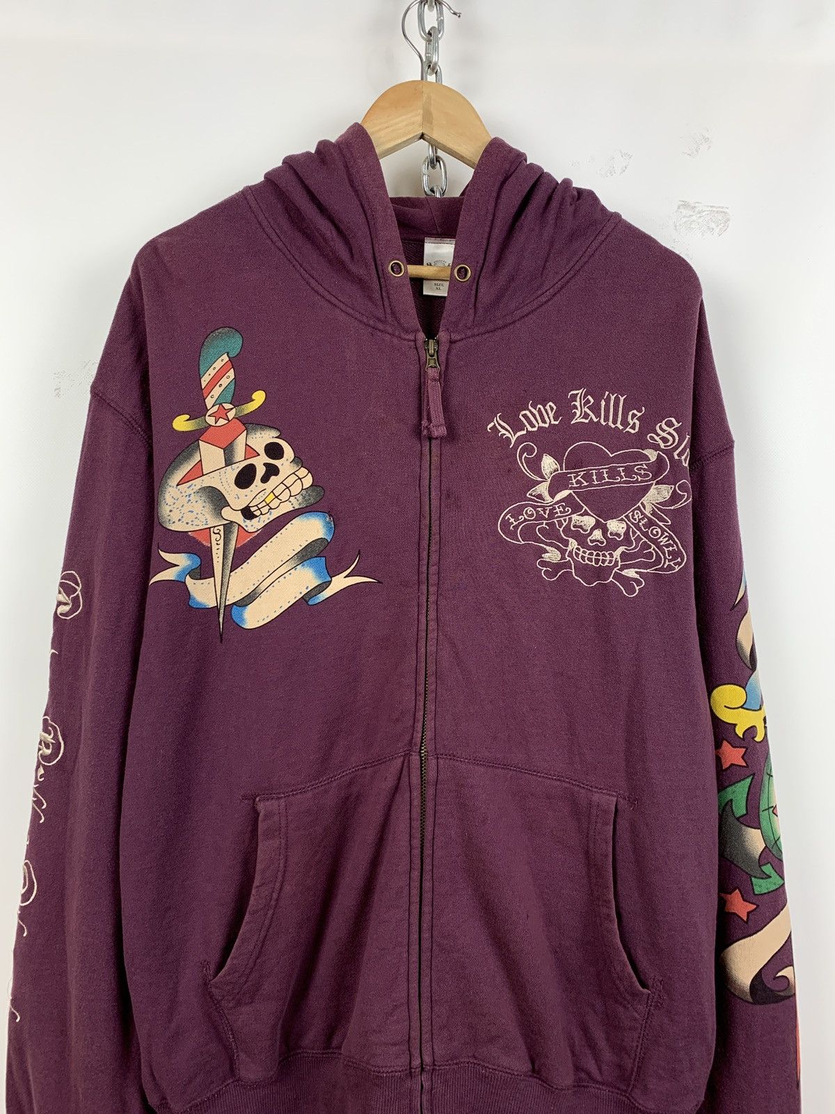 Christian Audigier Vintage Ed Hardy Purple Love Kills Slowly Skull Y2K Hoodie Size US XL / EU 56 / 4 - 5 Thumbnail