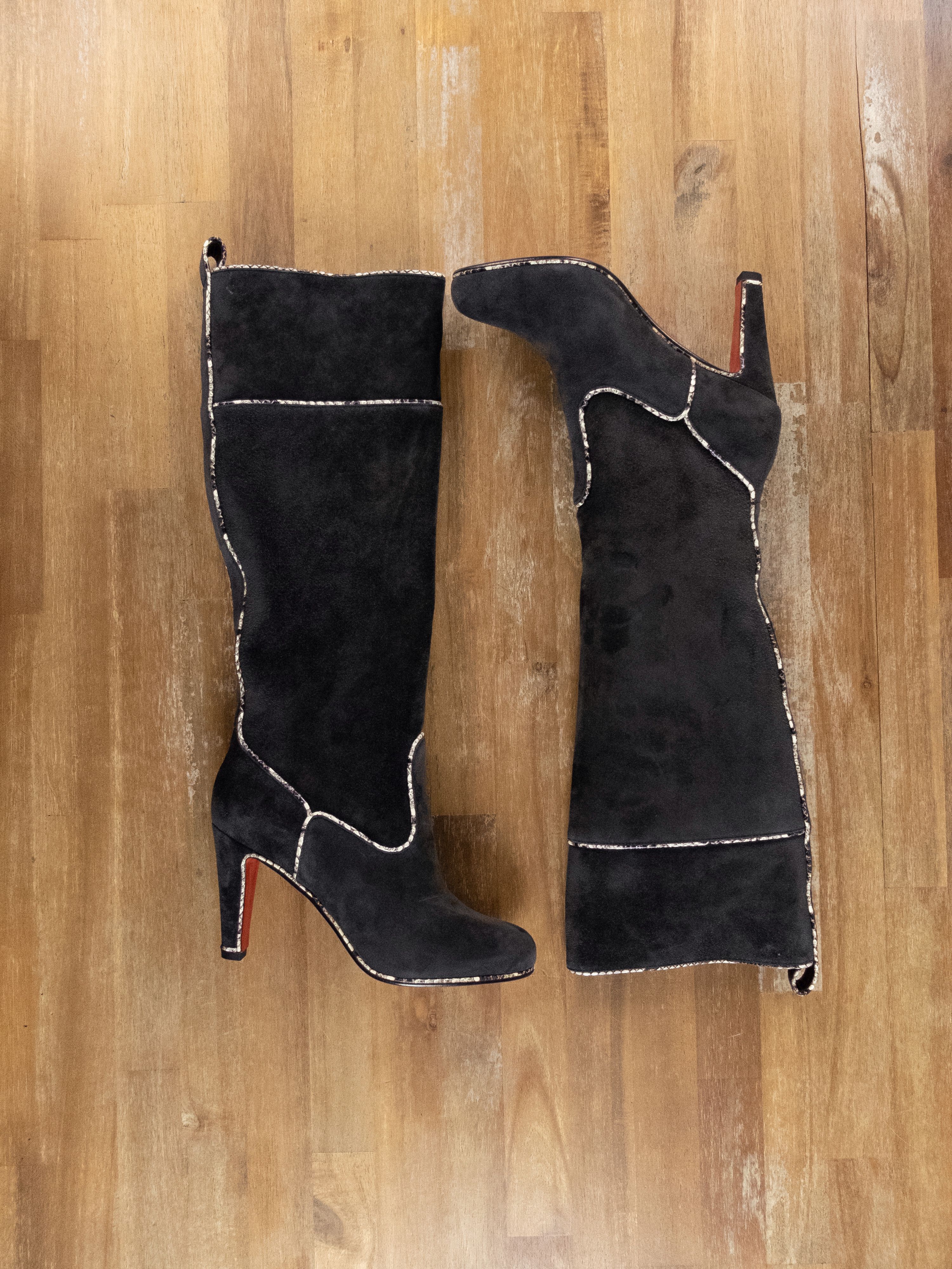image of Christian Louboutin Louloubotta Gray Black Suede Boots 8 38 in Grey, Women's