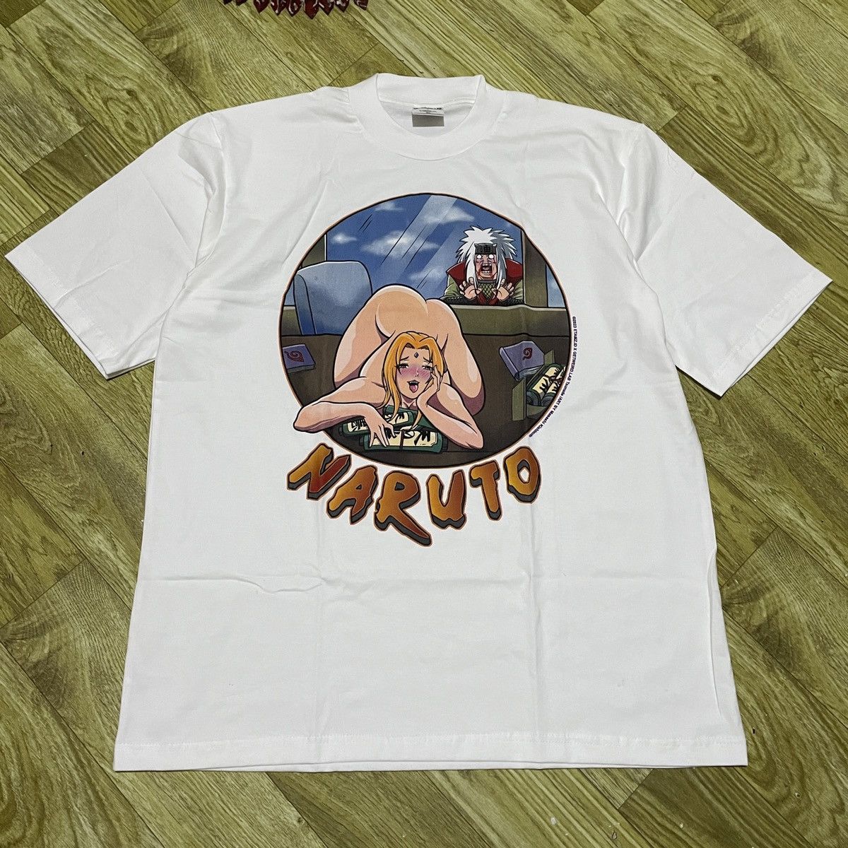 image of Anima x Tee Shirt Tsunade Flirting Jiraiya Naruto Anime Tee Fans Made T Shirt in White (Size XL)