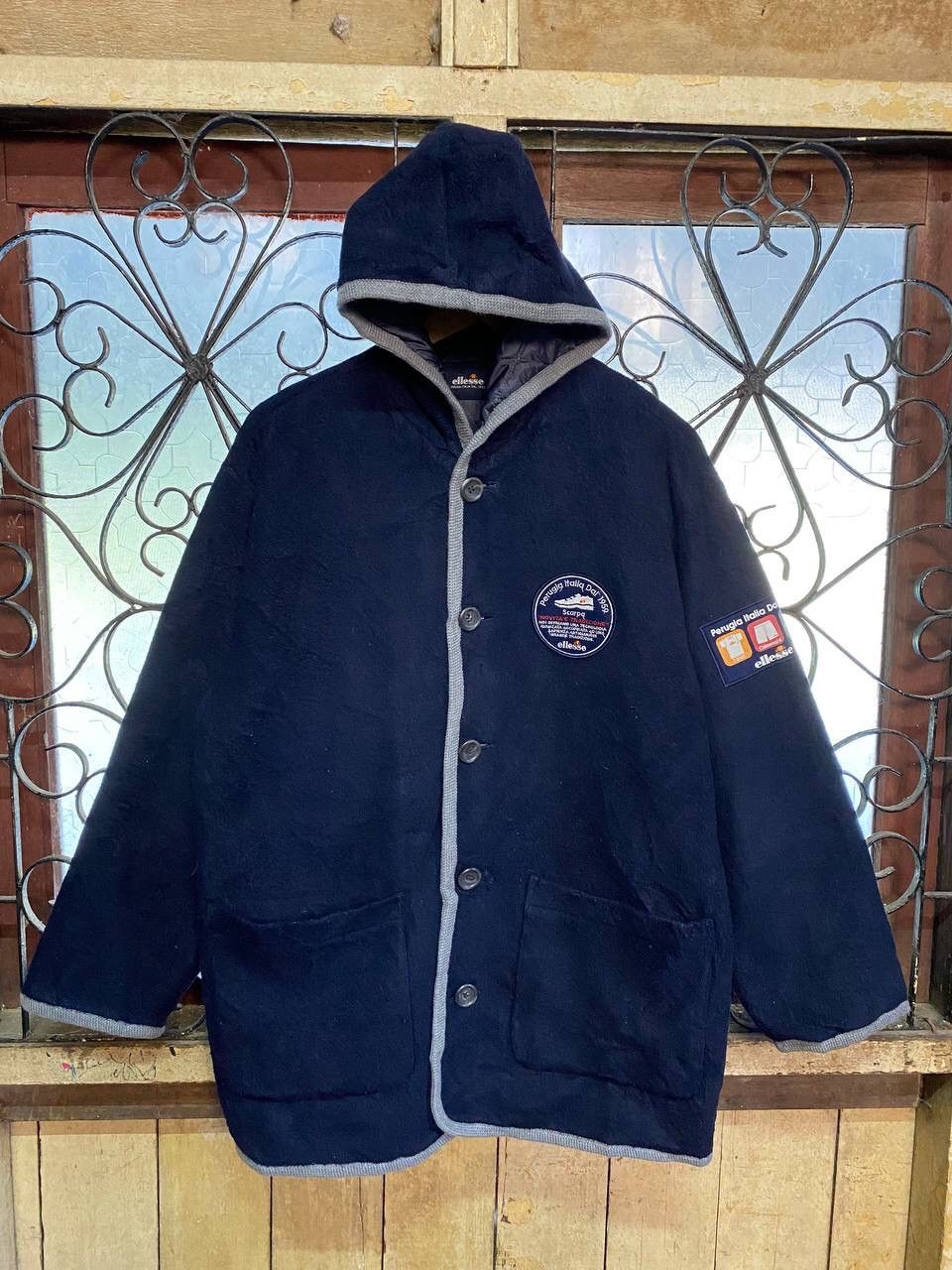 image of Ellesse x Italian Designers Vintage Ellese Perugia Italia Wool Hooded Jacket in Navy (Size Medium)