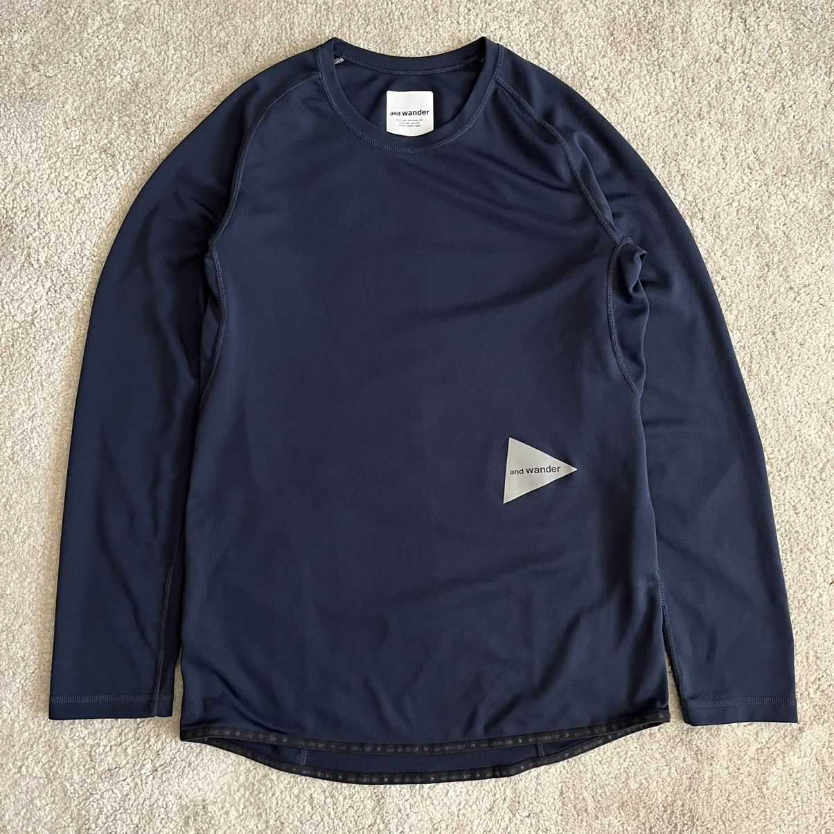 image of And Wander Tech Knit Reflective Logo Back Pockets Tee Shirt in Blue, Men's (Size Large)