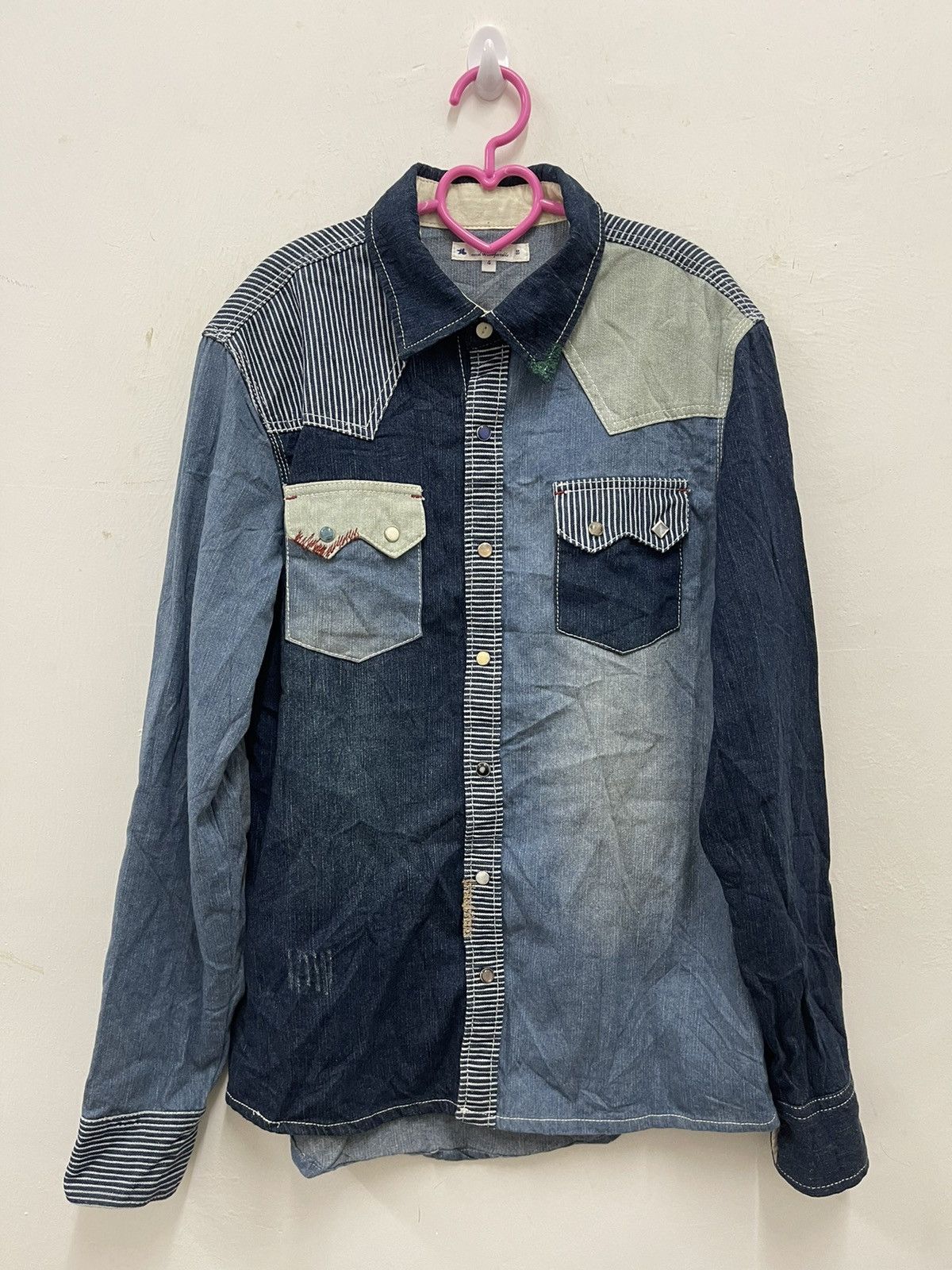 image of Distressed Denim x Vintage Corisco Patchwork Western Pearl Snap Button Shirt, Men's (Size Medium)