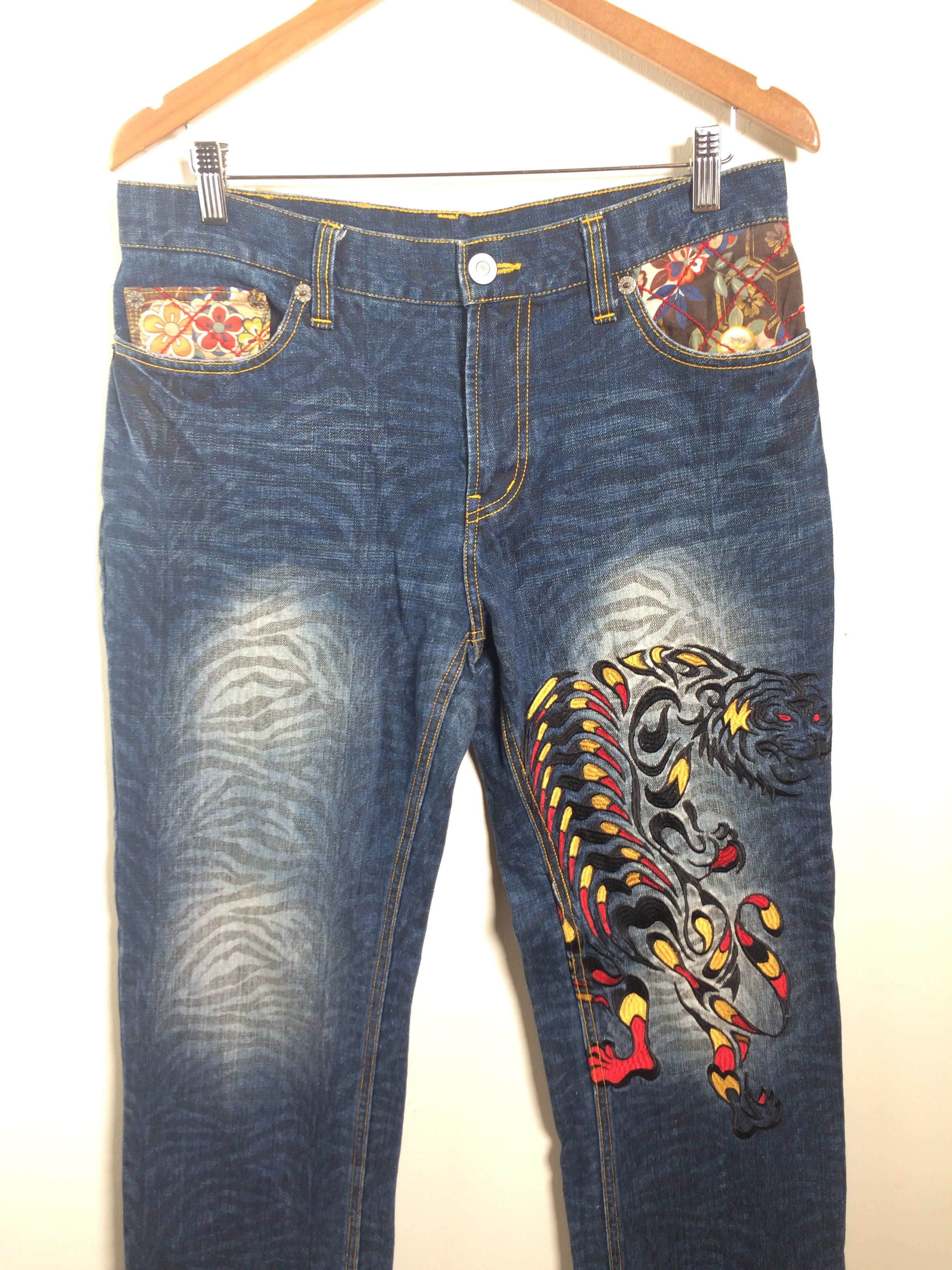 Karakuri Tamashii Karakuri Style Naminorita Tsujin Embroidered Tattoo Jeans Size US 34 / EU 50 - 1 Thumbnail