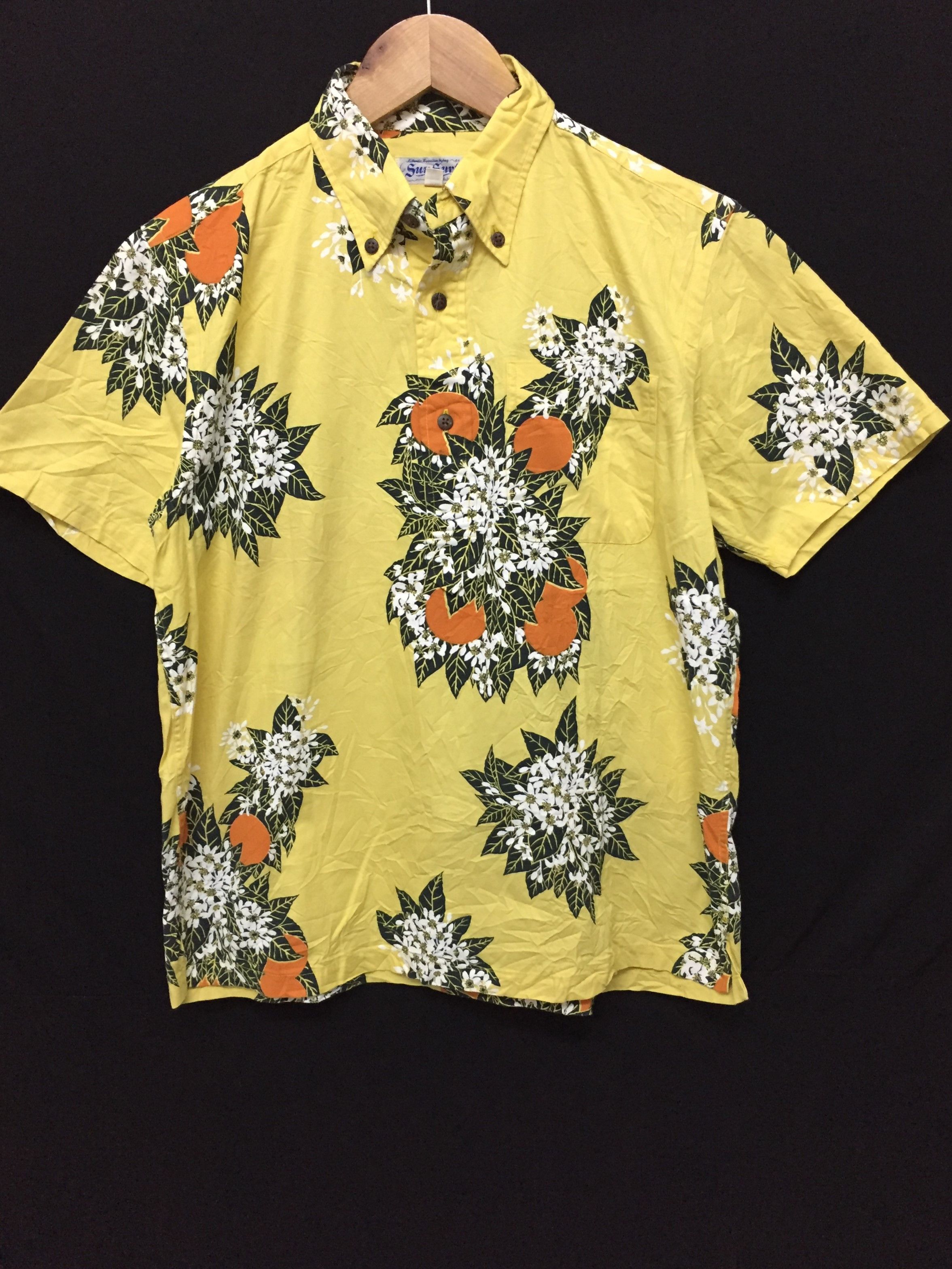 image of Sun Surf x Toyo Enterprises Cherry Blossom Japan Motif Flower Half Button Shirt in Yellow (Size Sma
