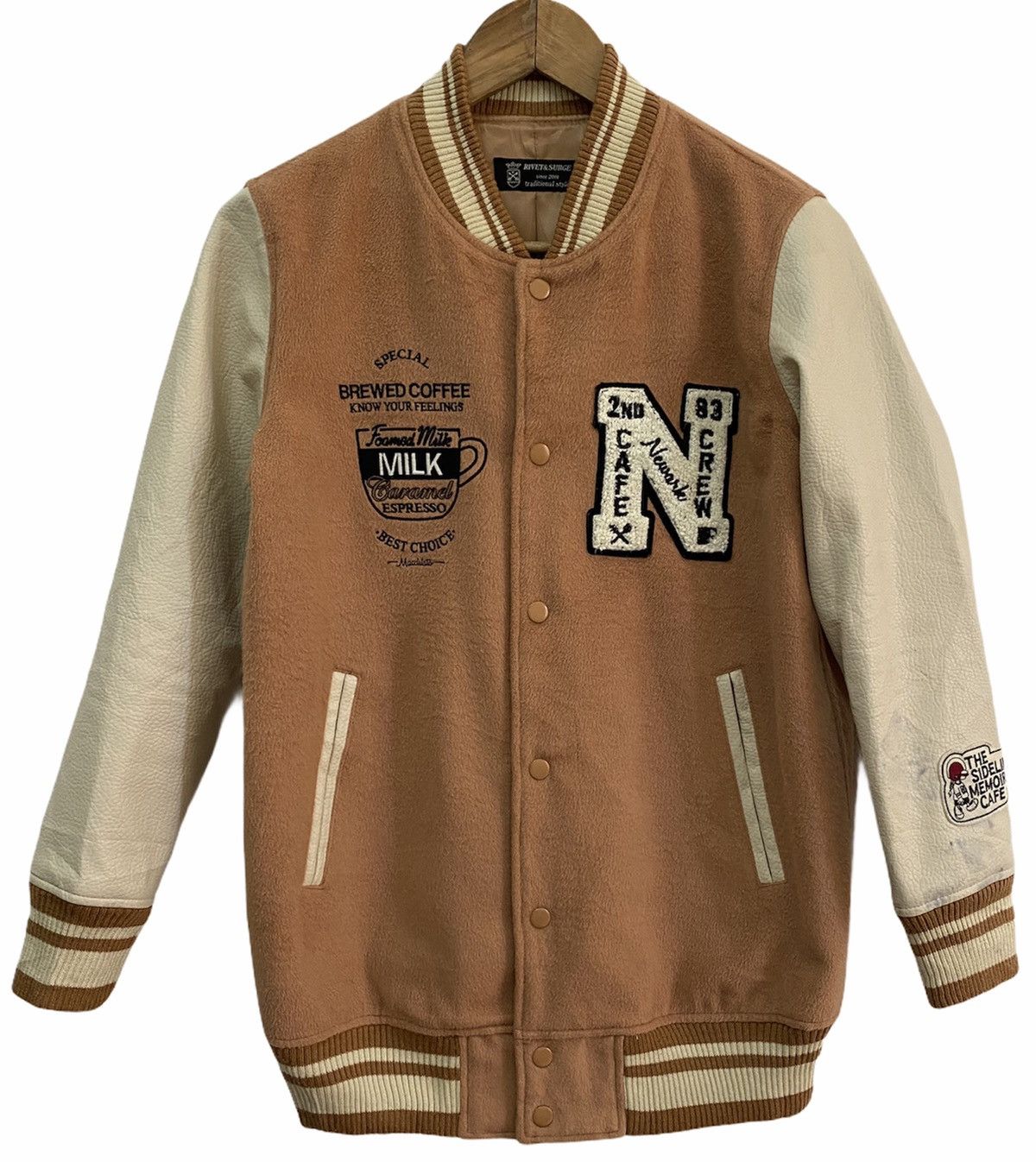 image of Cafe Racer Brewed Coffee Patchwork Varsity Jacket in Brown, Men's (Size Small)
