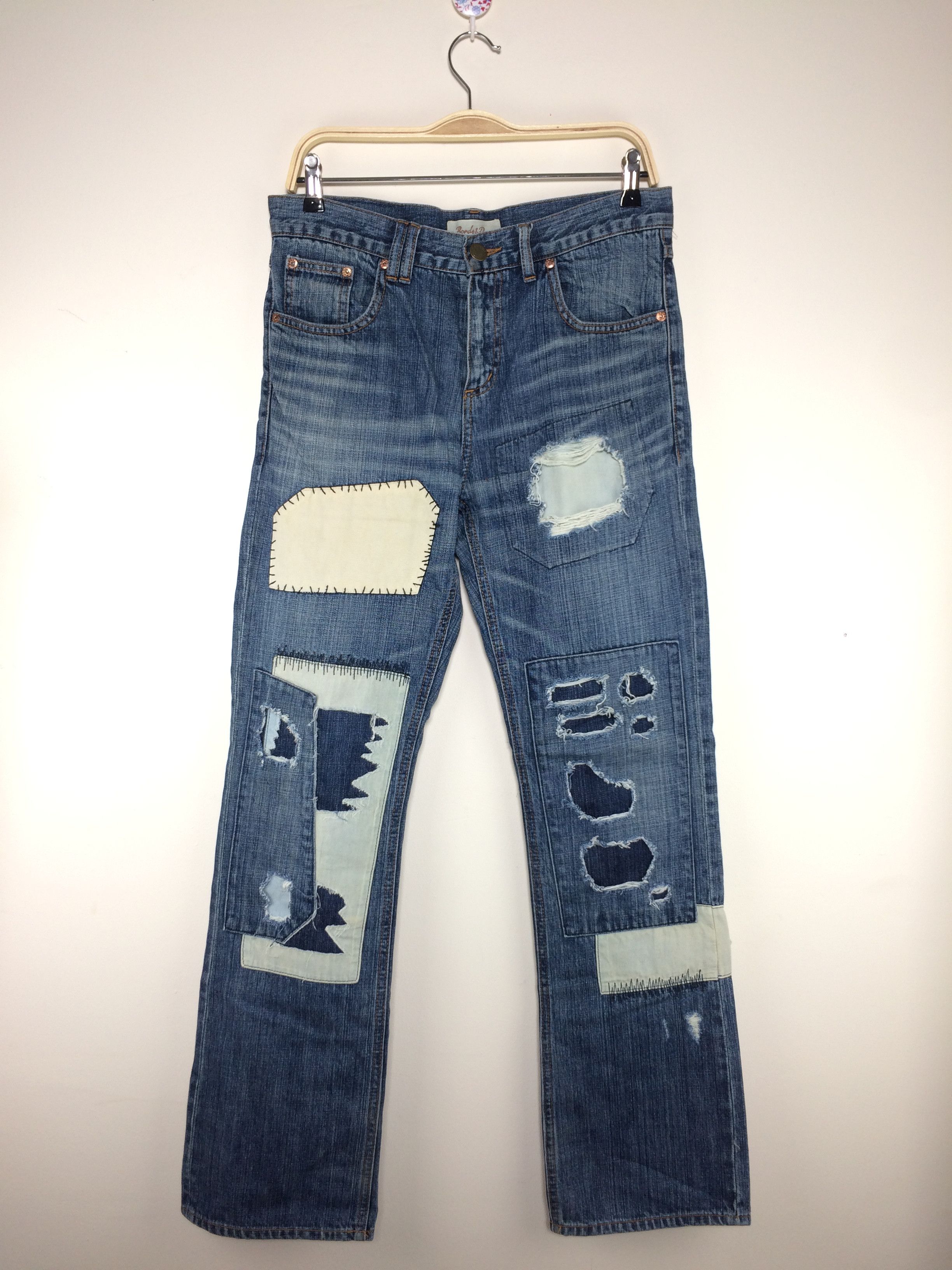 Japanese Brand Bonds and Peace Patchwork Distressed Ripped Denim Jeans Size US 32 / EU 48 - 1 Thumbnail