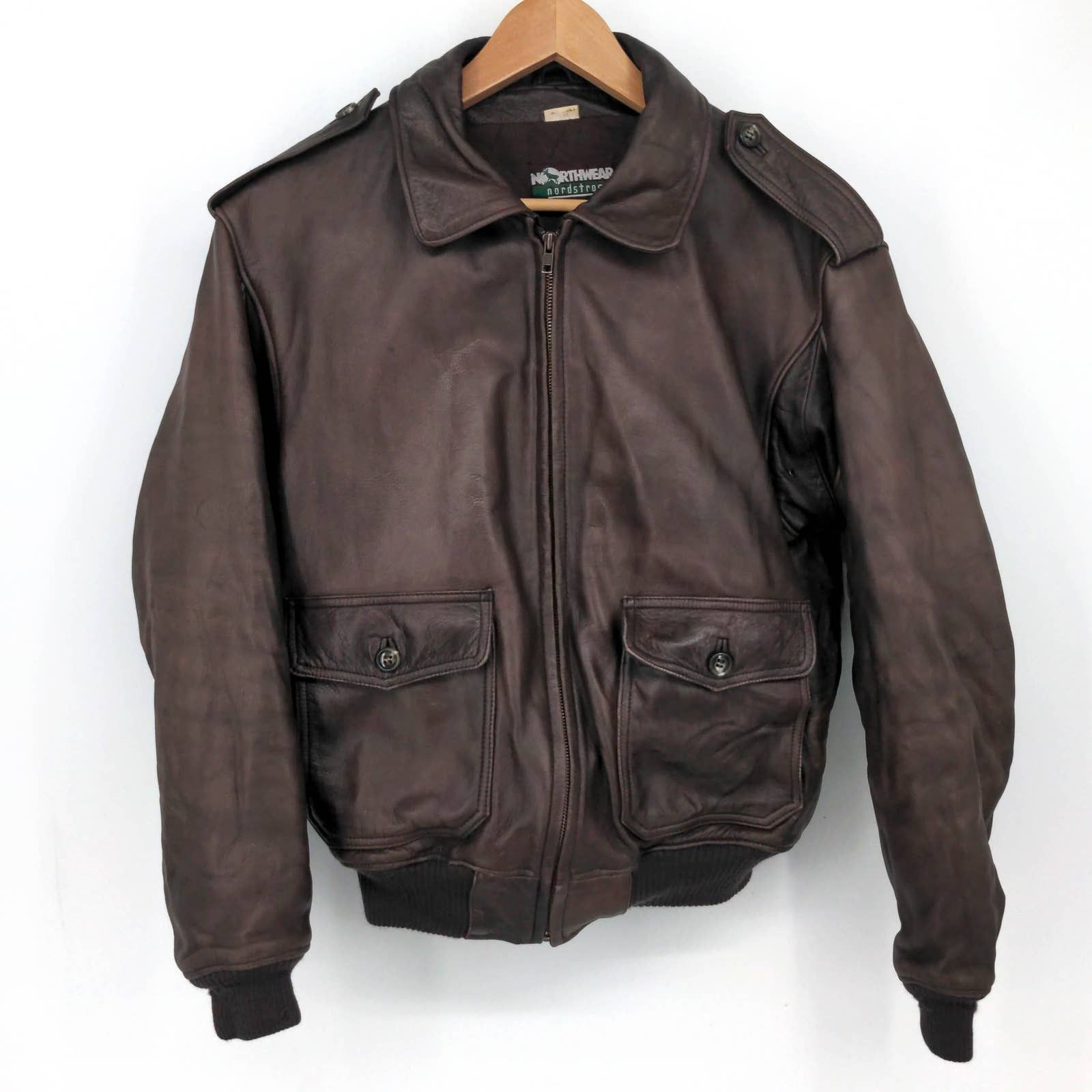 image of Bomber Jacket x Leather Vintage Nordstrom Northwear Leather Aviator Jacket Bomber 40 in Brown (Size