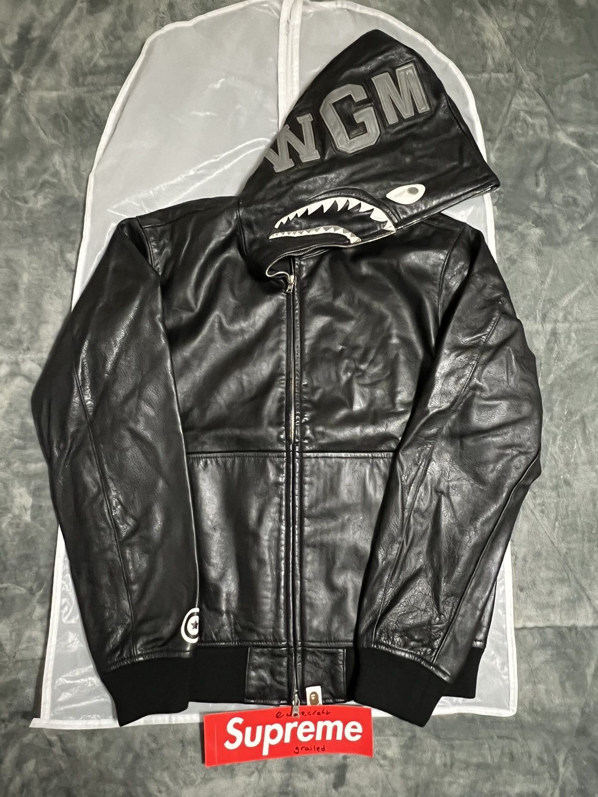 image of Bape Sample Shark Leather Jacket in Black, Men's (Size Medium)