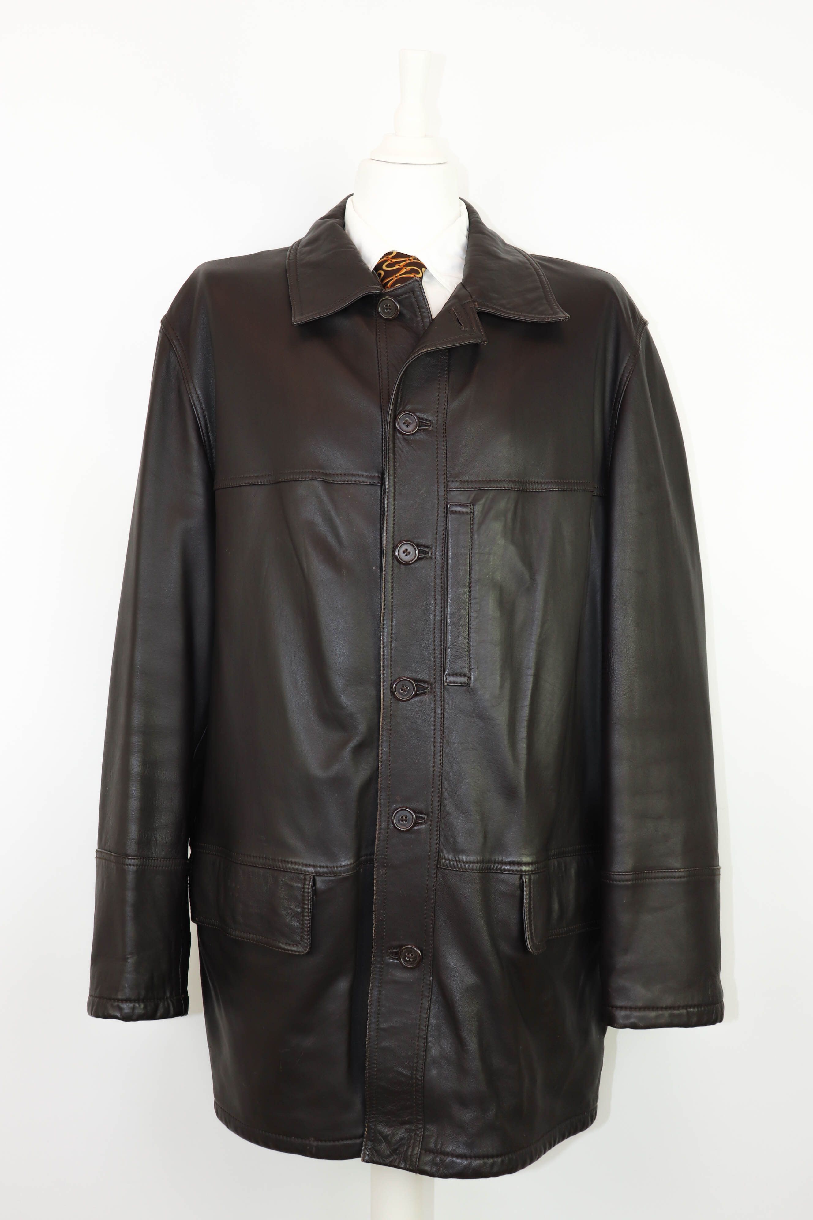 image of Aj Armani Jeans Vintage Dark Brown Leather Long Coat Jacket, Men's (Size XL)
