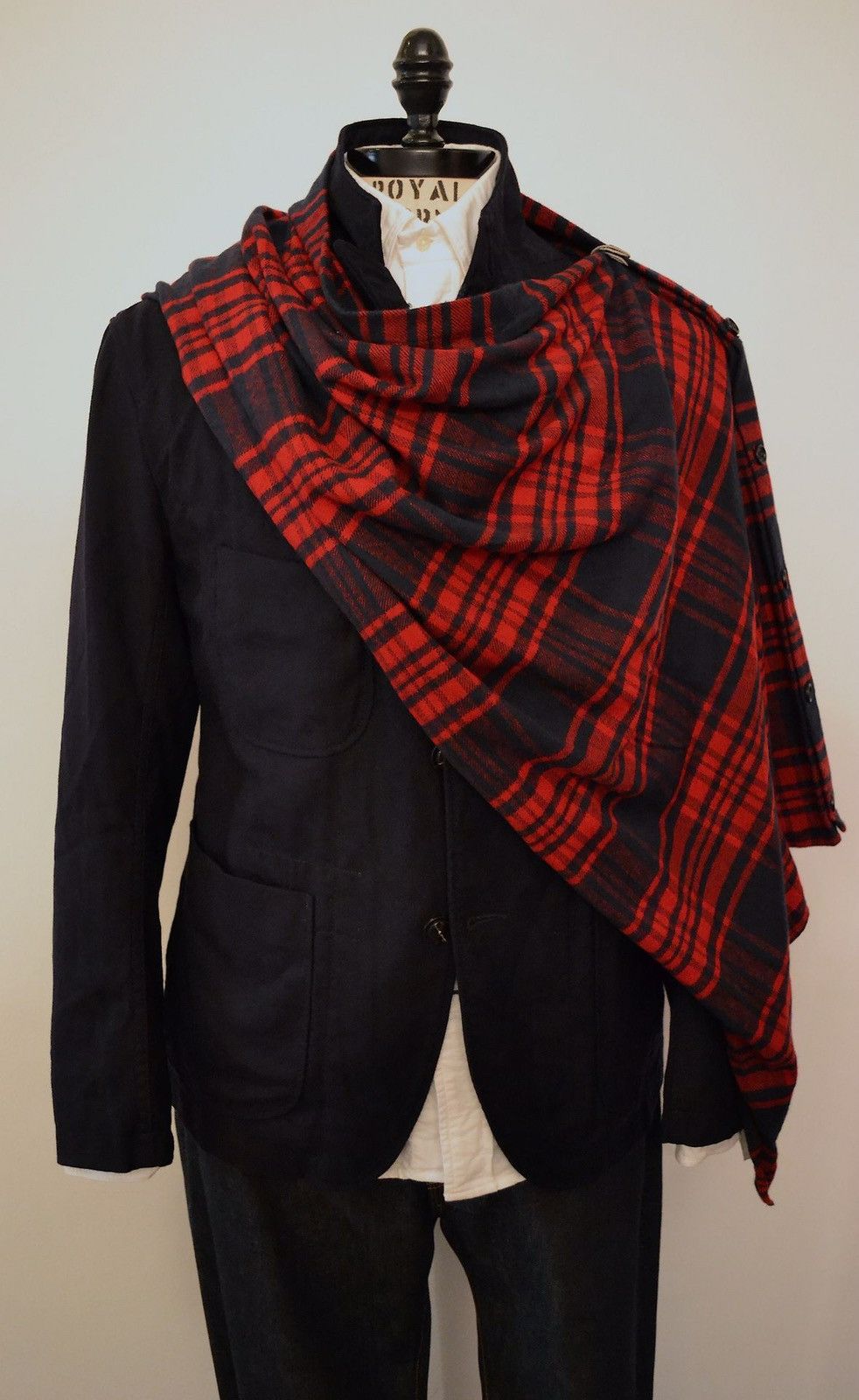red plaid button shawl