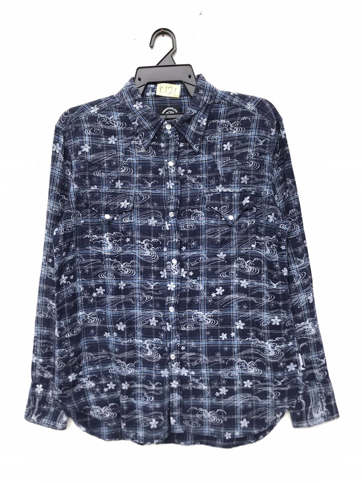 image of Archival Clothing Western Full Print Pearl Snap Button Shirt in Blue, Men's (Size Medium)
