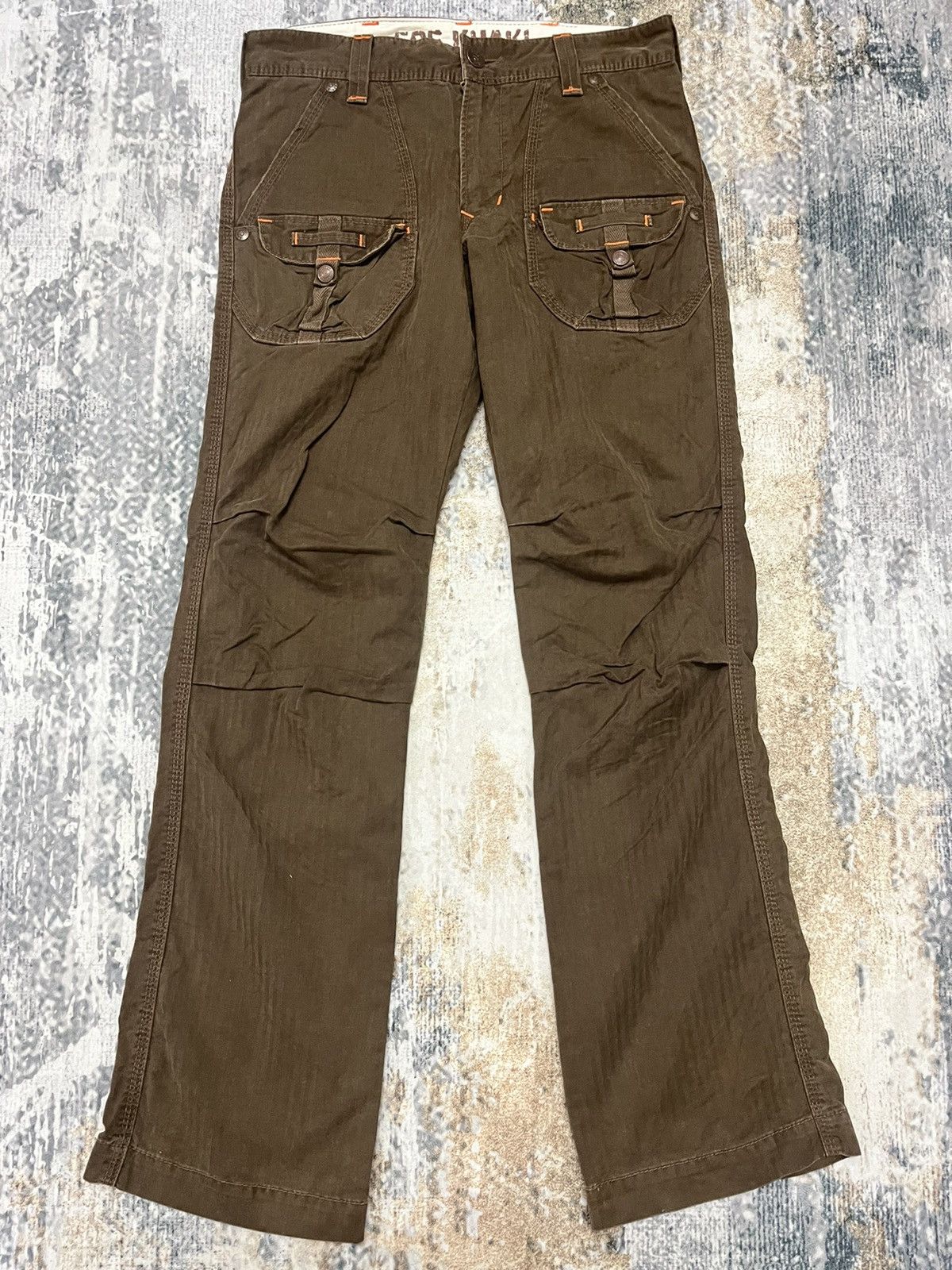 image of Avant Garde x Distressed Denim Tactical Olive Brown Edwin 505 Khaki Pants, Men's (Size 32)