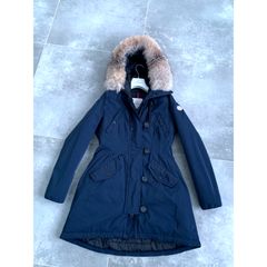 LOUIS VUITTON blue Real Goose down fur lined hood belted puffer jacket FR34  XS