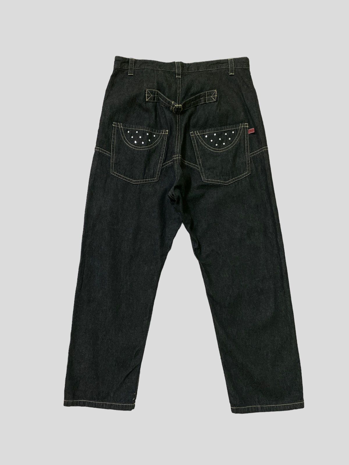 image of Vintage Baggy Kawa Okada Buckle Back Embroidered Denim in Black, Men's (Size 31)