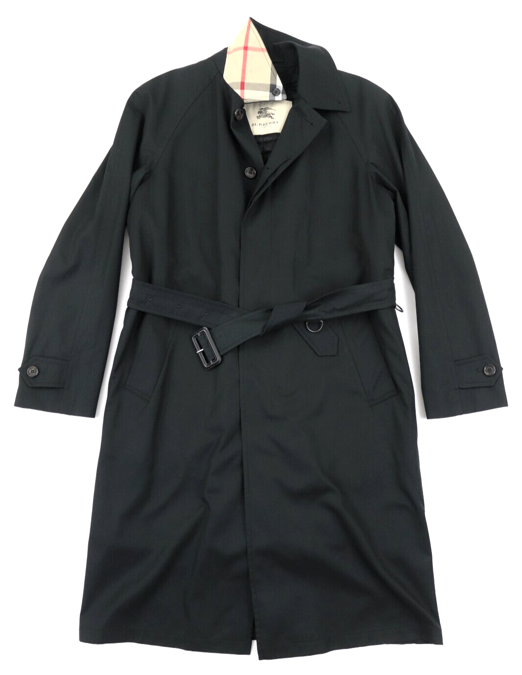 image of Burberry Mens Nova Check Trim Wool Belted Trench Coat in Black (Size XL)