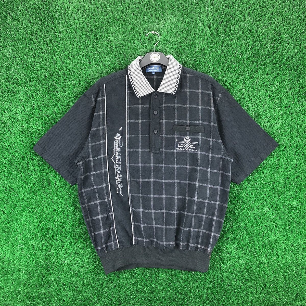 image of Vintage 90's Polo Shirt Embroidery Logo By Waraku No Sato in Black, Men's (Size Medium)