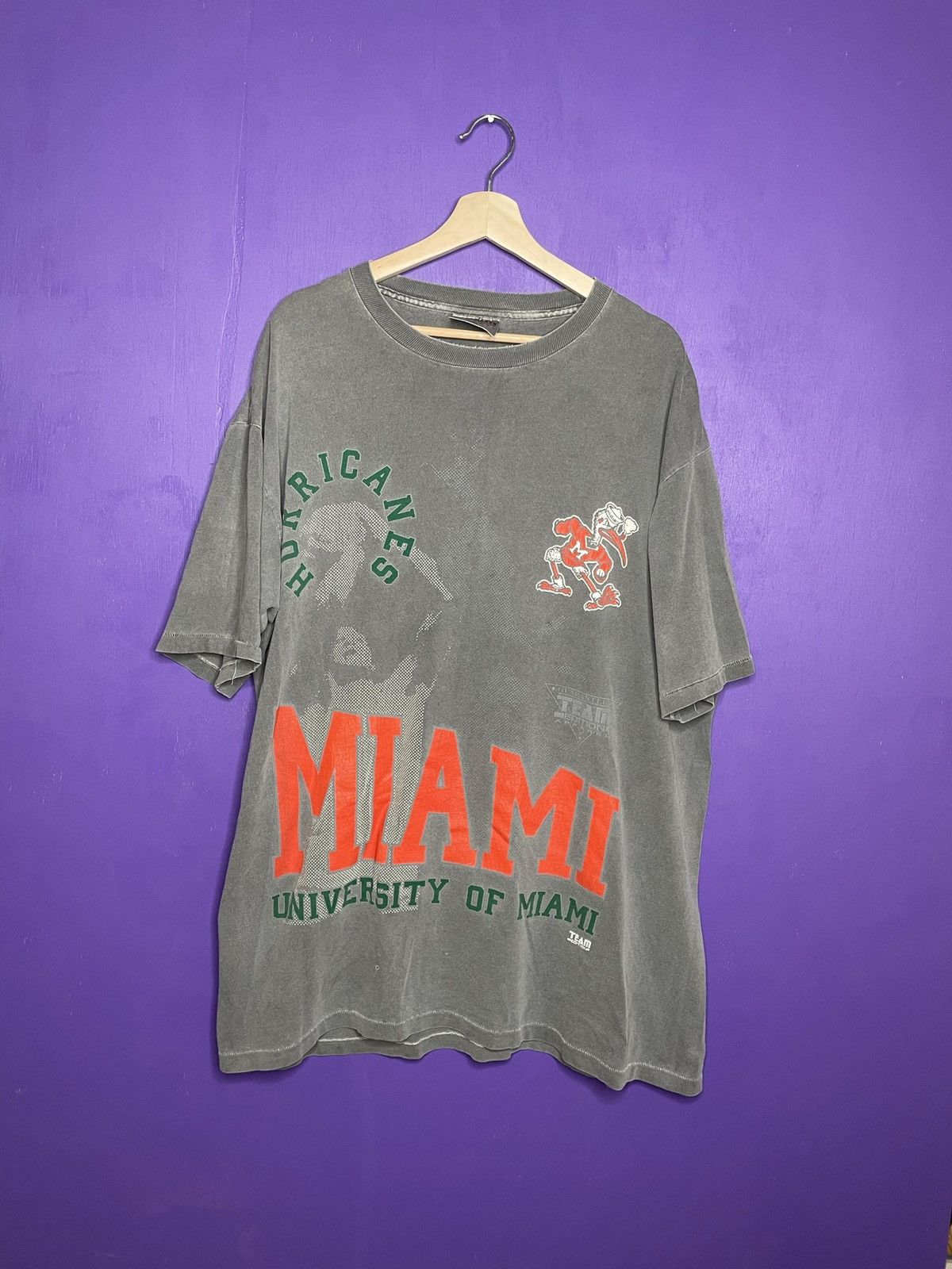 image of American College x Vintage Faded Miami Hurricanes Aop T-Shirt in Black, Men's (Size 2XL)