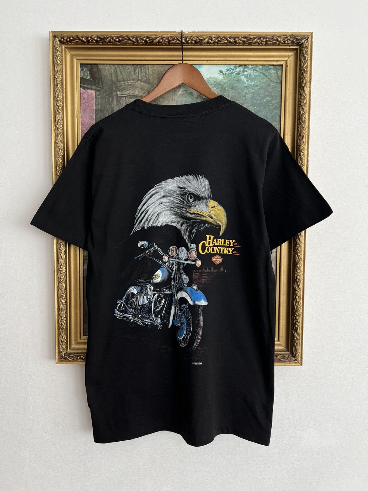 Vintage 90s Harley Davidson Eagle Bike Pocket Black Tee