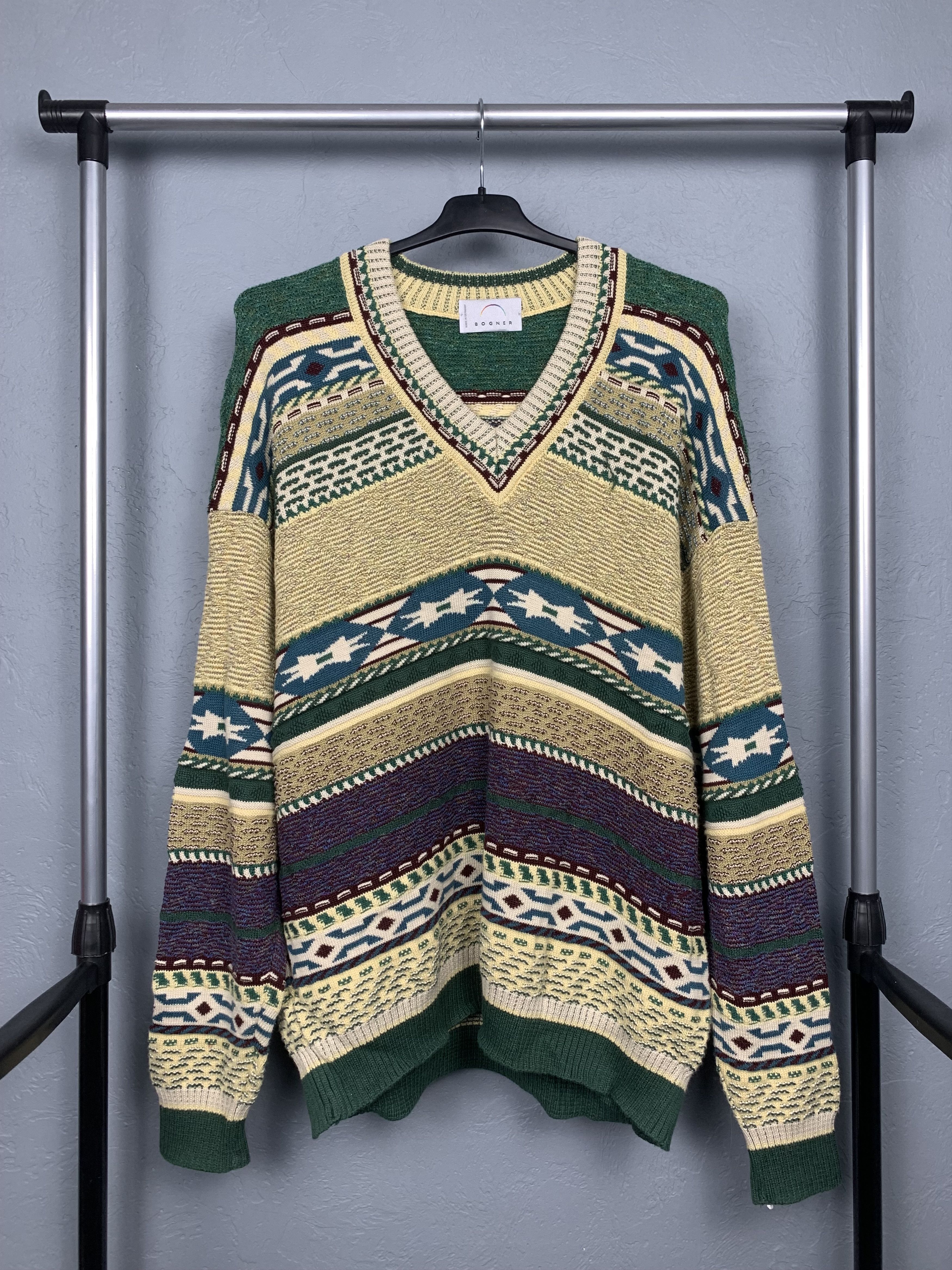 Bogner Bogner Vintage Mens Coloured Cable Knit V-neck Sweater Size US L / EU 52-54 / 3 - 1 Thumbnail