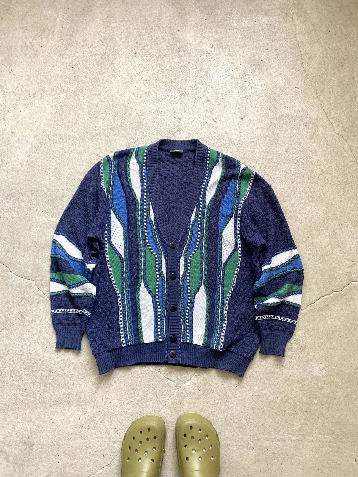 Pre-owned Cardigan X Vintage 90's Vintage Cardigan Knit Sweater Japan Coogi Style In Navy