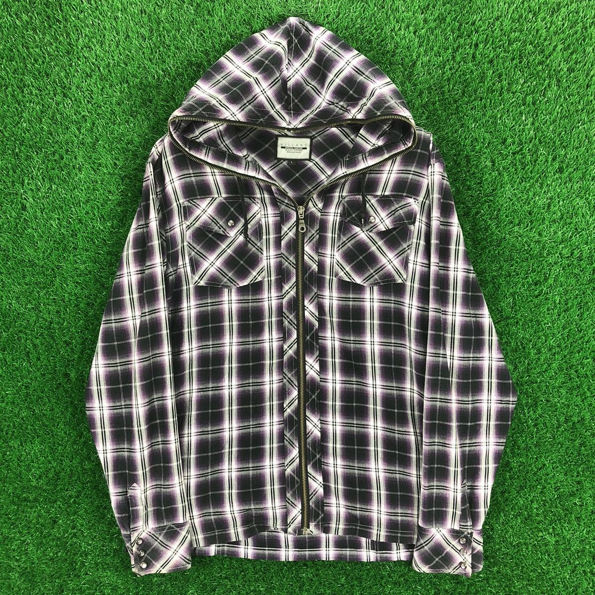 image of Vintage 90's Sweater Hoodie Zipper Shadow Plaid Checker in Purple/Black, Men's (Size Medium)