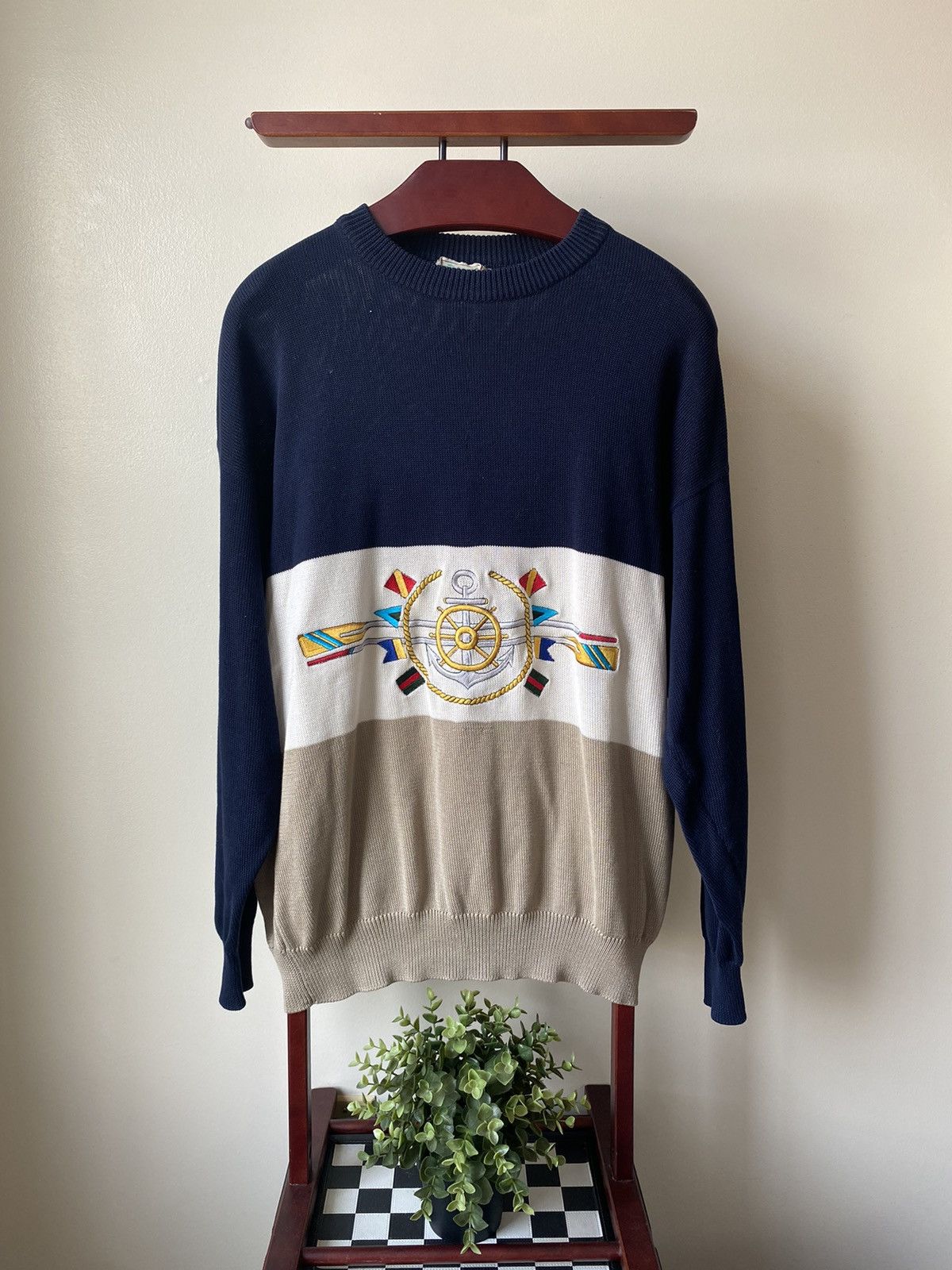 Designer Vintage 80’s Gucci Sailing Embroidered Knit Sweater Cotton L Size US L / EU 52-54 / 3 - 3 Thumbnail