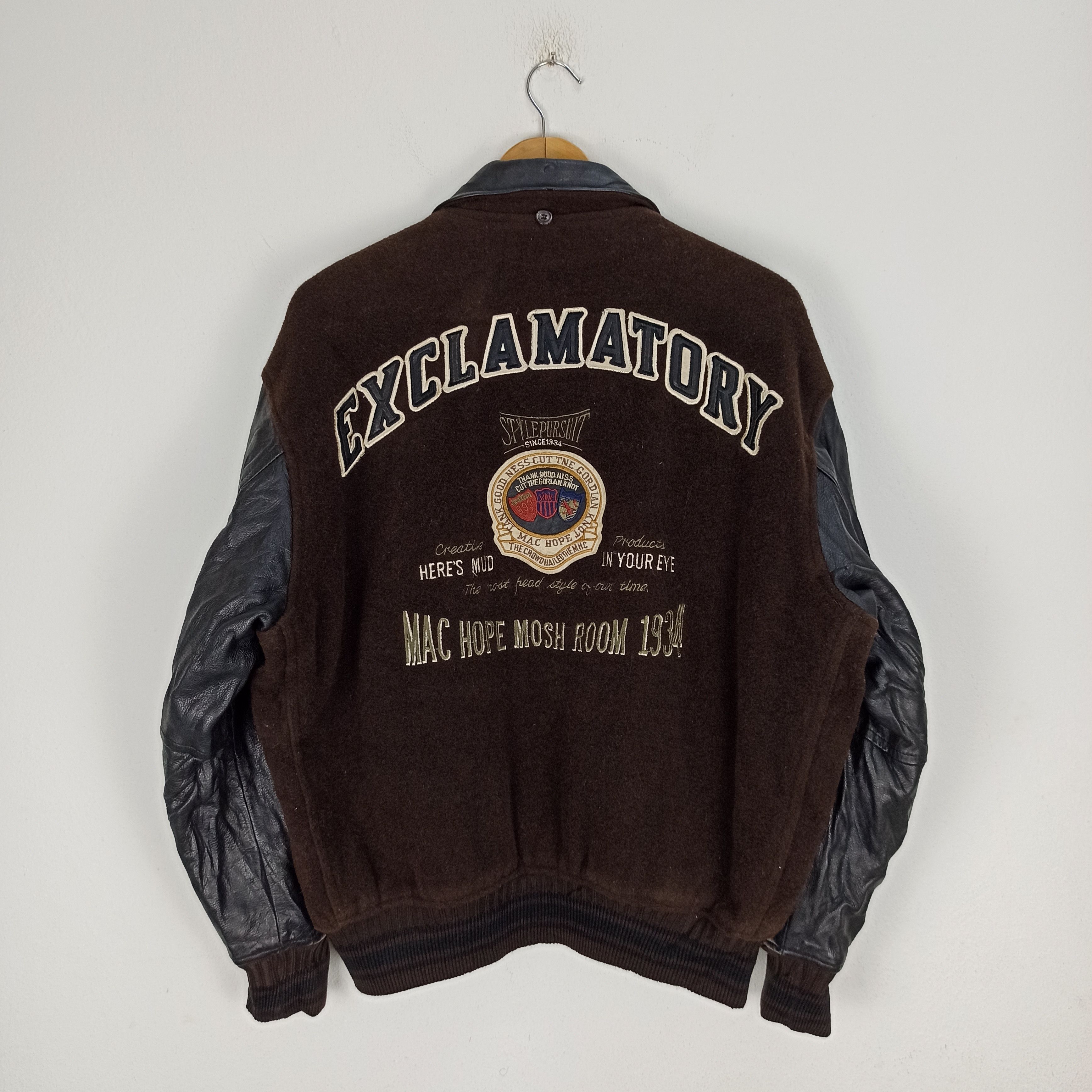 image of Leather Jacket x Varsity Jacket Vintage The Machope Exclamatory Varsity Jacket Big Logo in Brown (S