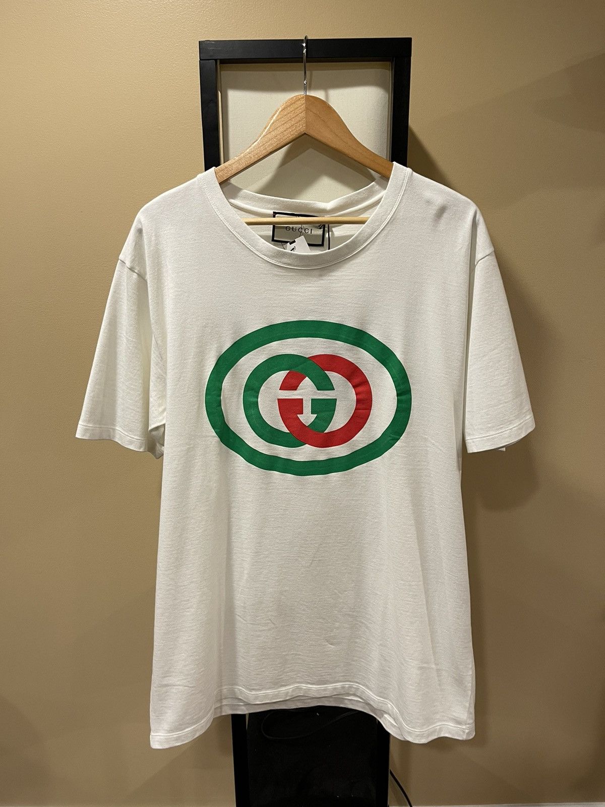 Image of Gucci Classic GG Oval Logo White Short Sleeve T-Shirt, Men's (Size 2XL)