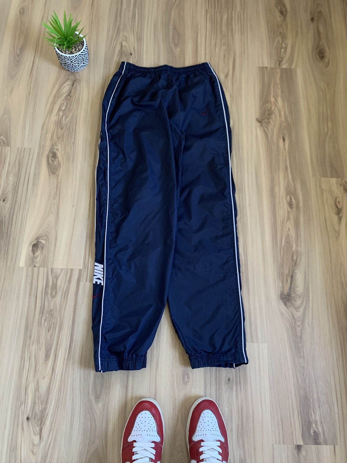 Nike × Vintage Nike Mini Swoosh Striped Track Pants Drill Sweatpants Navy Size US 30 / EU 46 - 1 Thumbnail