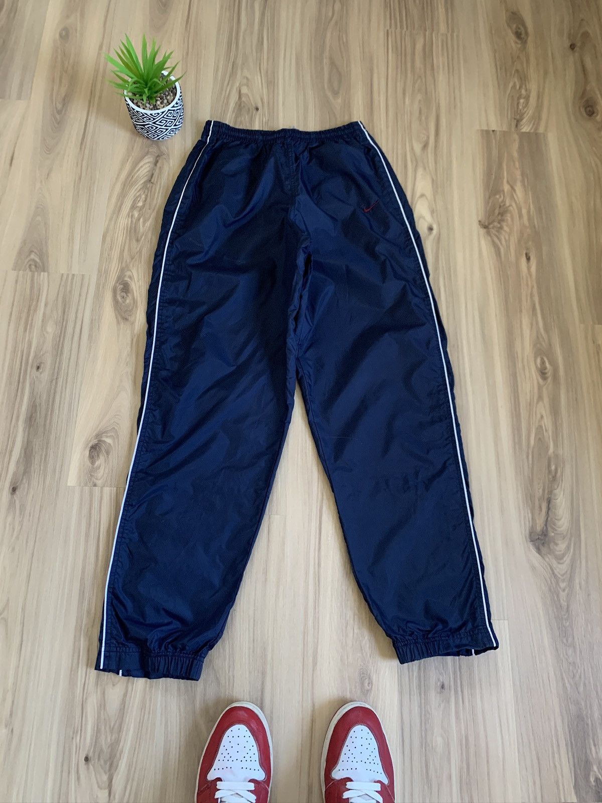 Nike × Vintage Nike Mini Swoosh Striped Track Pants Drill Sweatpants Navy Size US 30 / EU 46 - 2 Thumbnail
