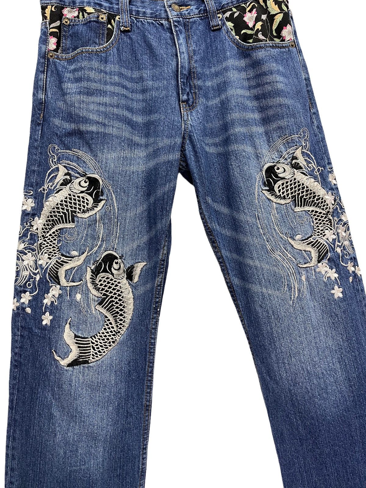 image of Sukajan Souvenir Jacket x Vintage Oscar Sukajan Embroidery Tattoo Fish Koi Japanese Denim in Blue (