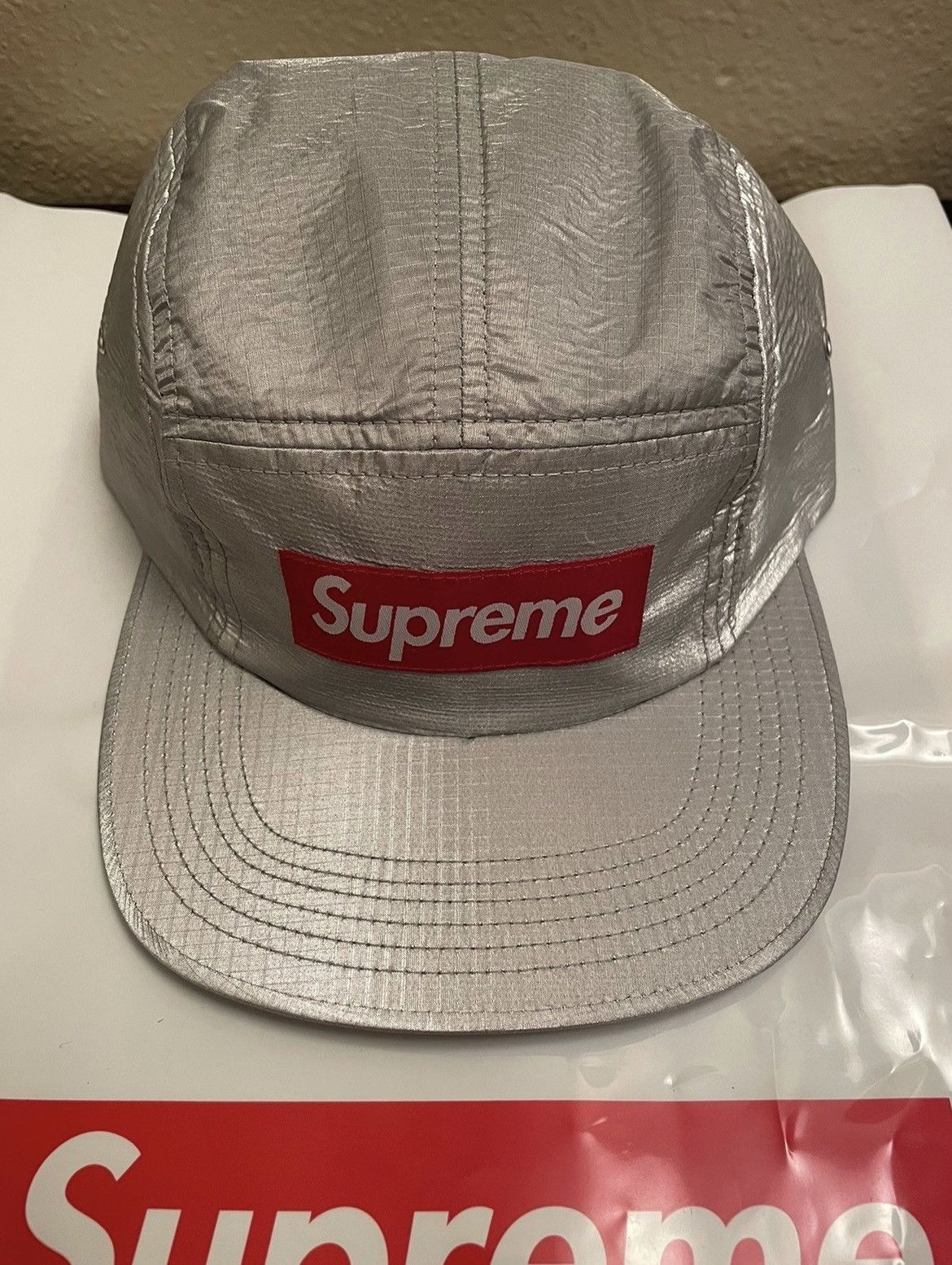 image of Supreme Iridescent Ripstop Camp in Silver, Men's