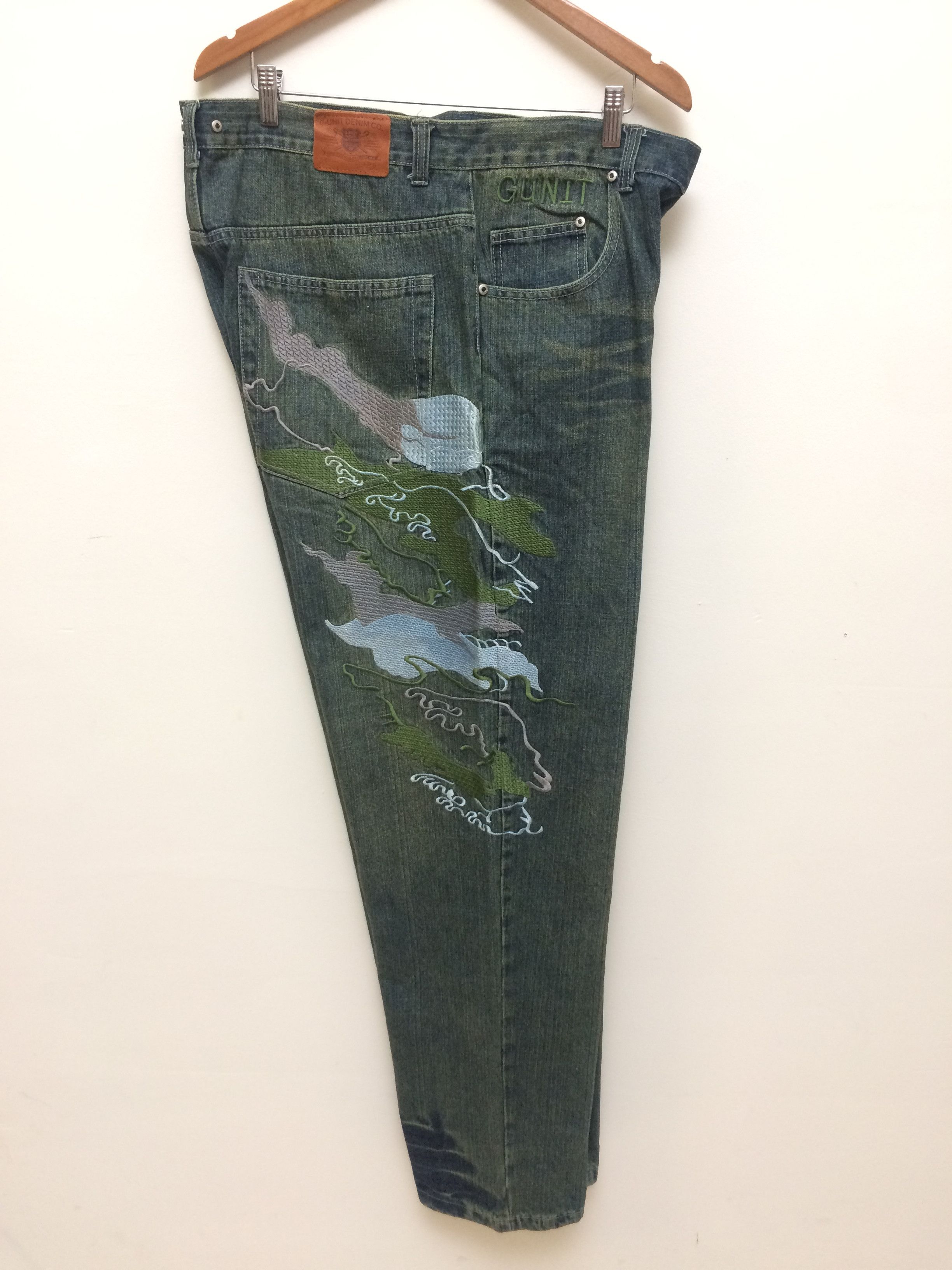 image of G Unit x Vintage 90's G-Unit Embroidered Baggy Denim Jeans in Blue Green, Men's (Size 38)