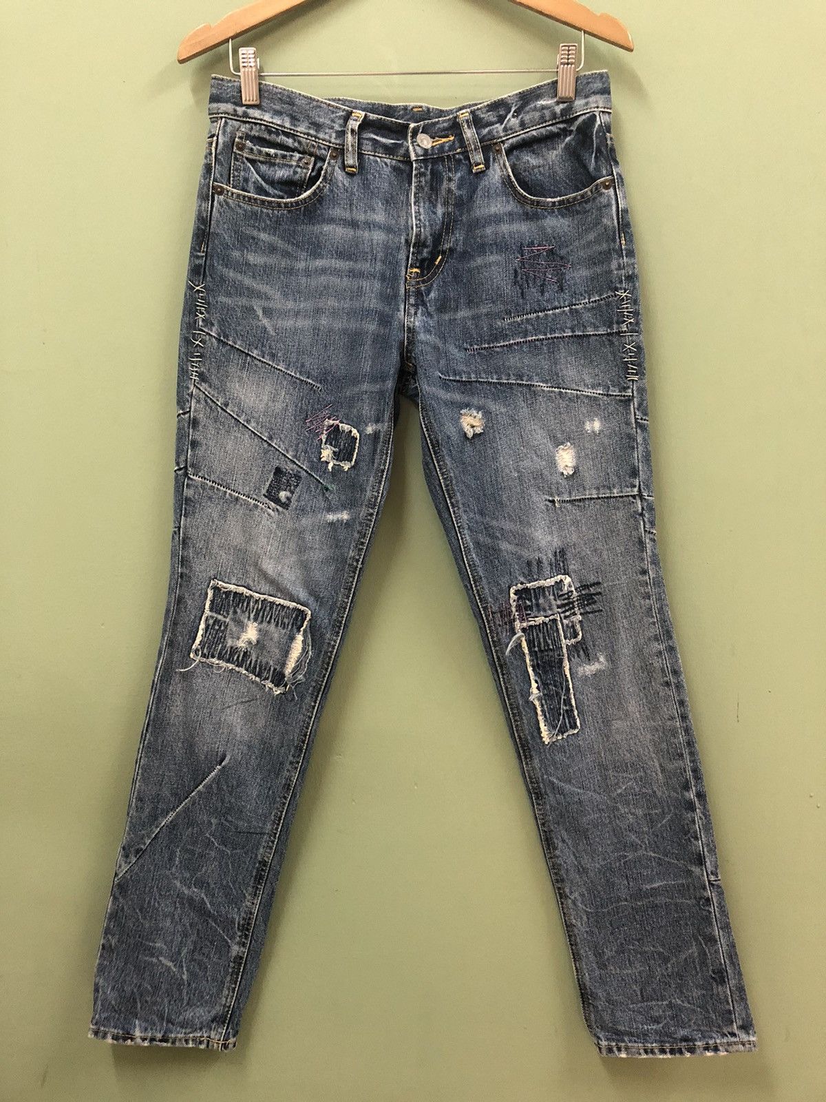 Hysteric Glamour × Japanese Brand BISON - SLIM FIT REBUILED BORO PATCHWORK DISTRESSED JEANS Size US 30 / EU 46 - 2 Thumbnail