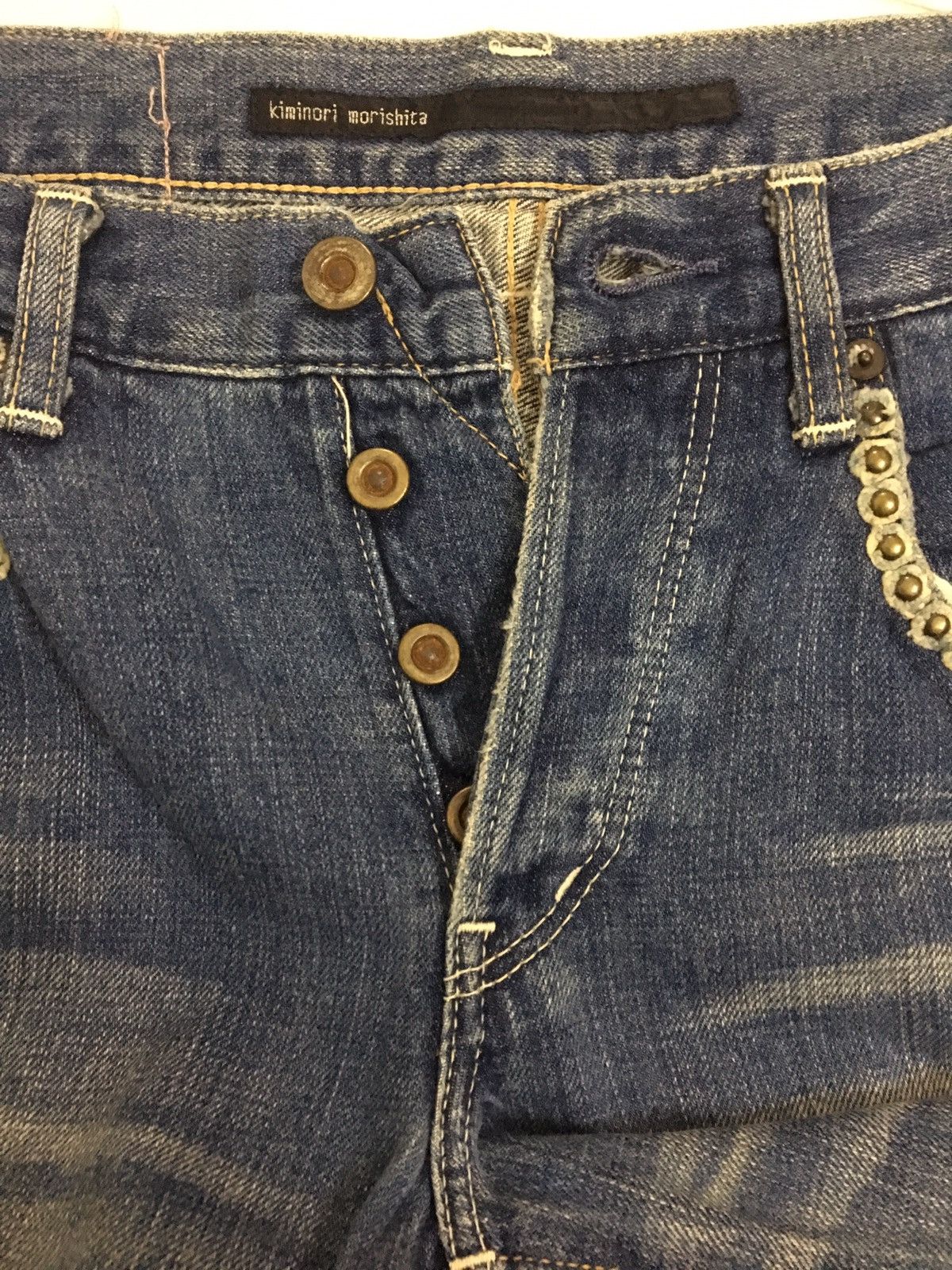 Designer × Japanese Brand × Kiminori Morishita KIMINORI MORISHITA- DISTRESSED PATCHWORK JEANS/RIVET POCKET Size US 31 - 4 Thumbnail