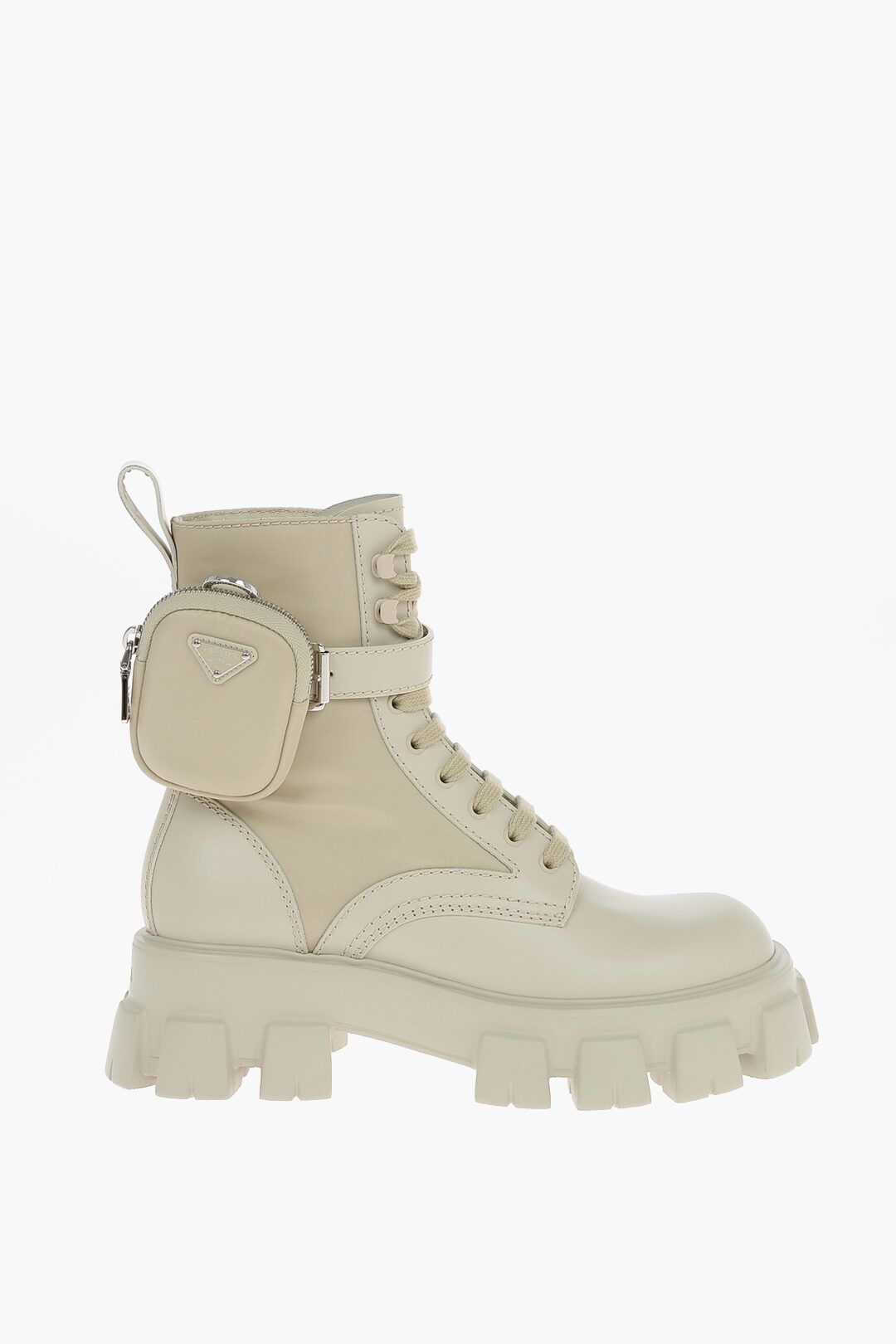 Pre-owned Prada Combat Boots With Logo Pouch In Beige