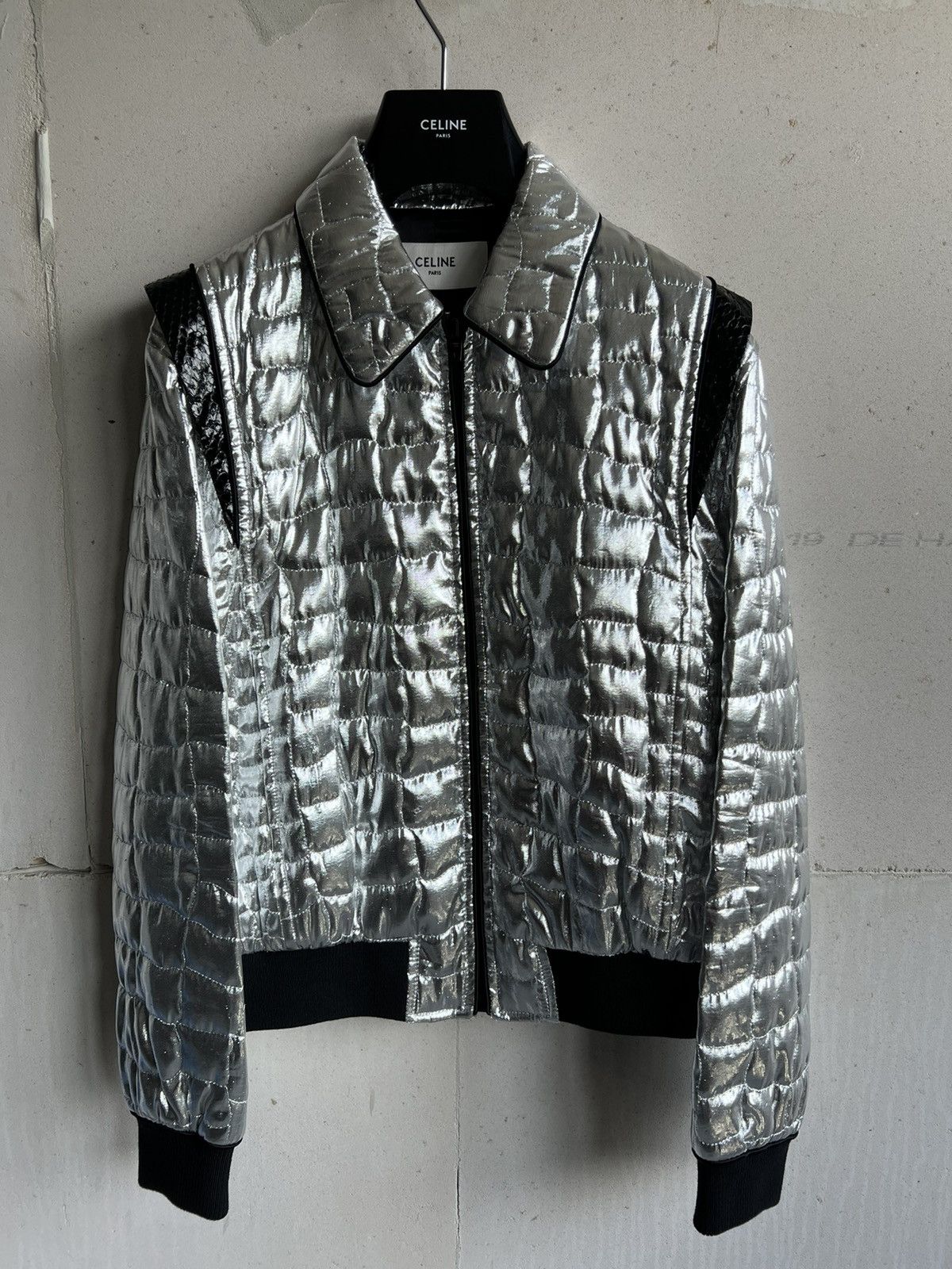 image of Celine Teddy Jacket Crocodile Pattern Shoulder Yokes Silver, Men's (Size Small)