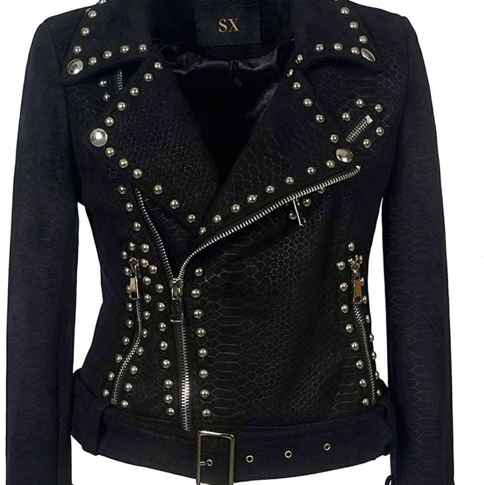 SX Studded Snake Print Belted Biker Jacket Fall Gift Outdoor