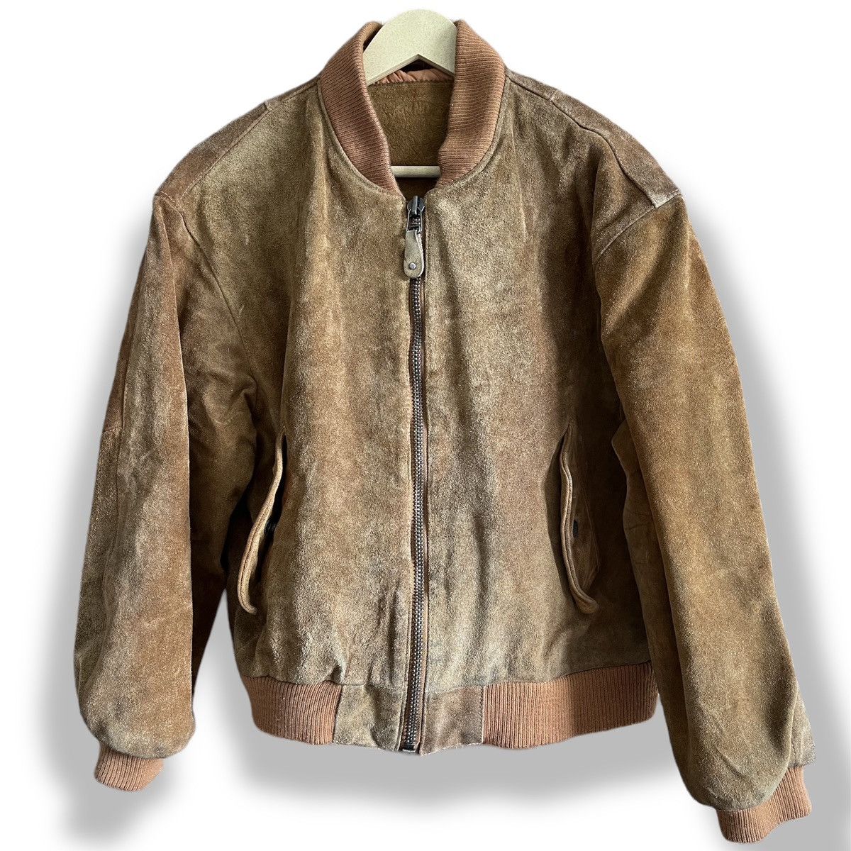 image of Bomber Jacket x Leather Jacket Vintage Bomber Cowhide Suede Leather Jacket, Men's (Size Large)