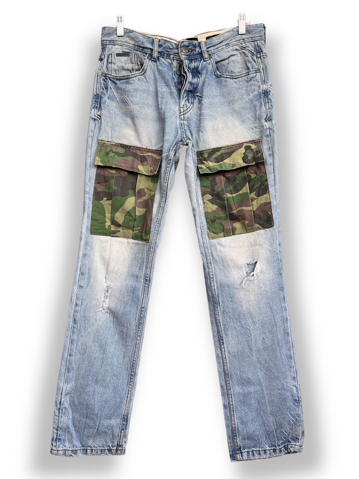 image of Avant Garde x Reserved Distressed Reserved Bush Pants Denim Cargo Pockets in Blue, Men's (Size 32)