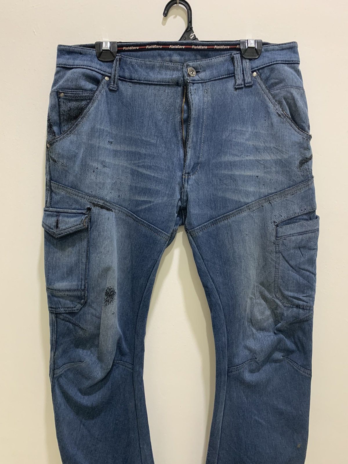 Japanese Brand FIELDCORE Curve Leg 7Pocket Distressed Denim Jean CargoPant Size US 34 / EU 50 - 4 Thumbnail