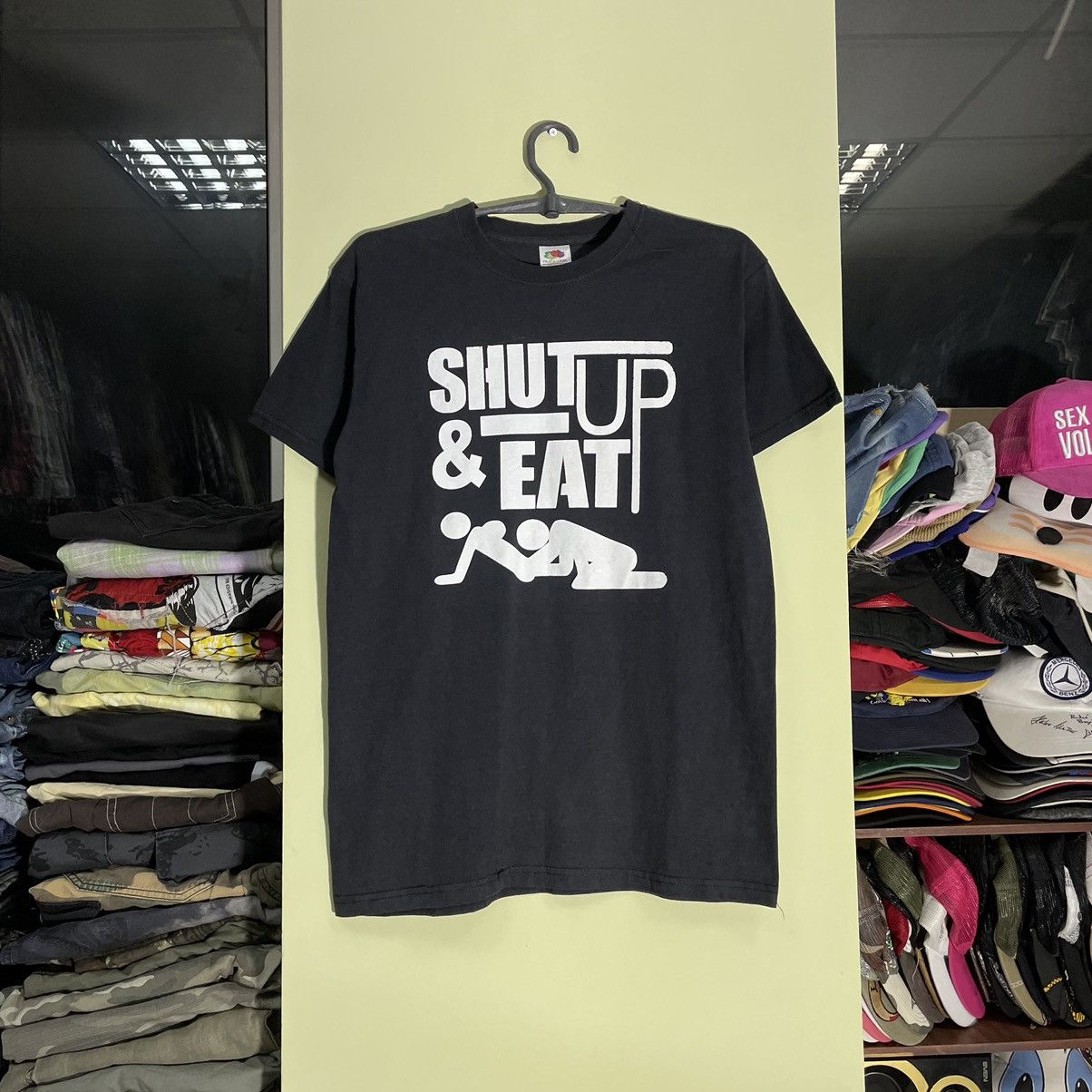 image of 90's Adult “ Shut Up & Eat Pussy “ Sexy Humor Tee in Black, Men's (Size Medium)
