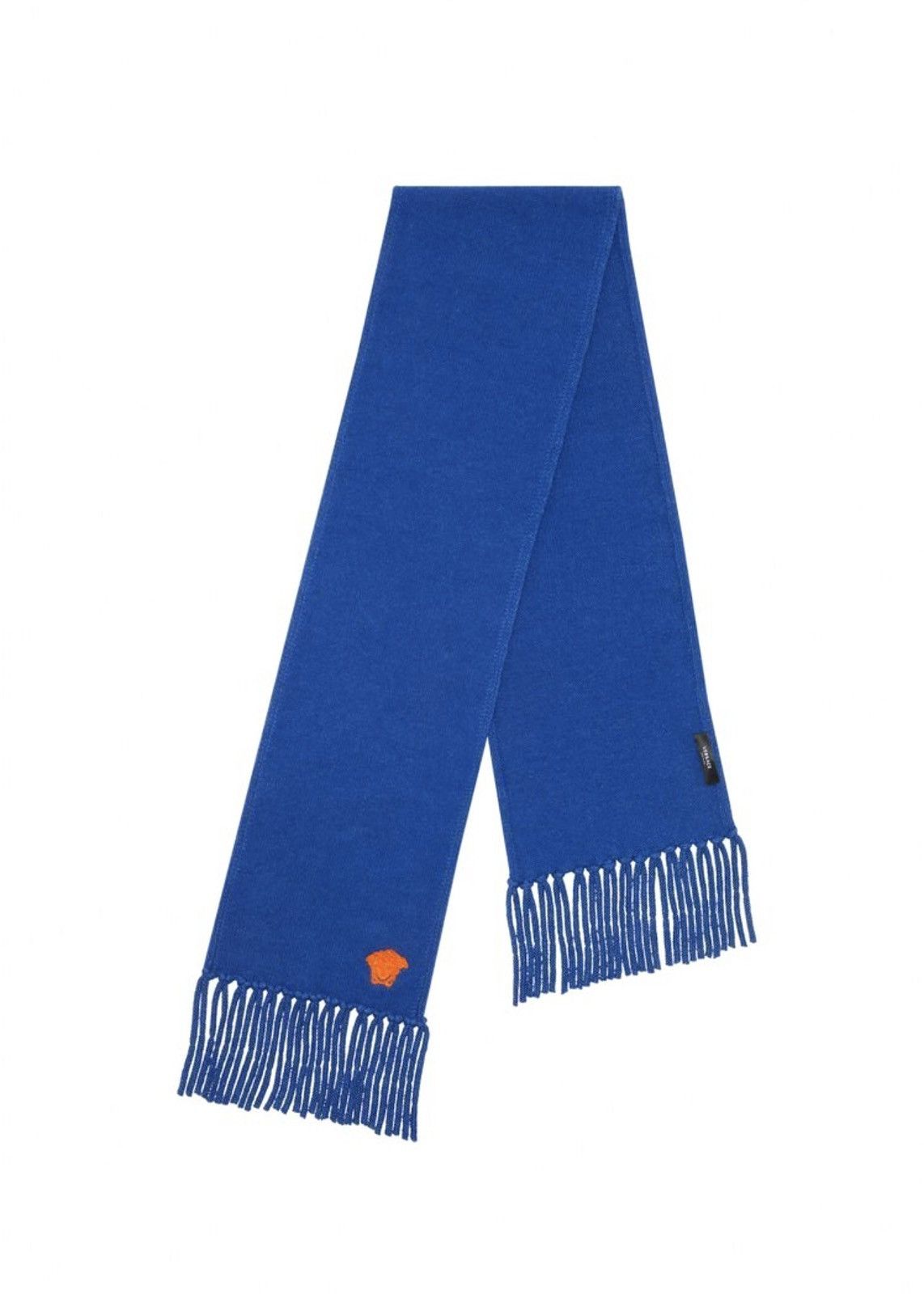 image of Versace Medusa Embroidered Cashmere Lana Wool Scarf in Blue, Men's