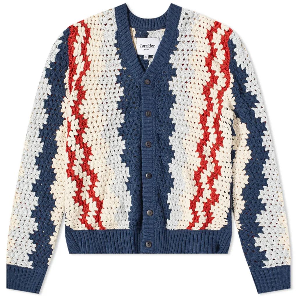 image of Corridor Handknit Grandpa Crochet Cardigan in Navy/Red/Off White, Men's (Size XL)
