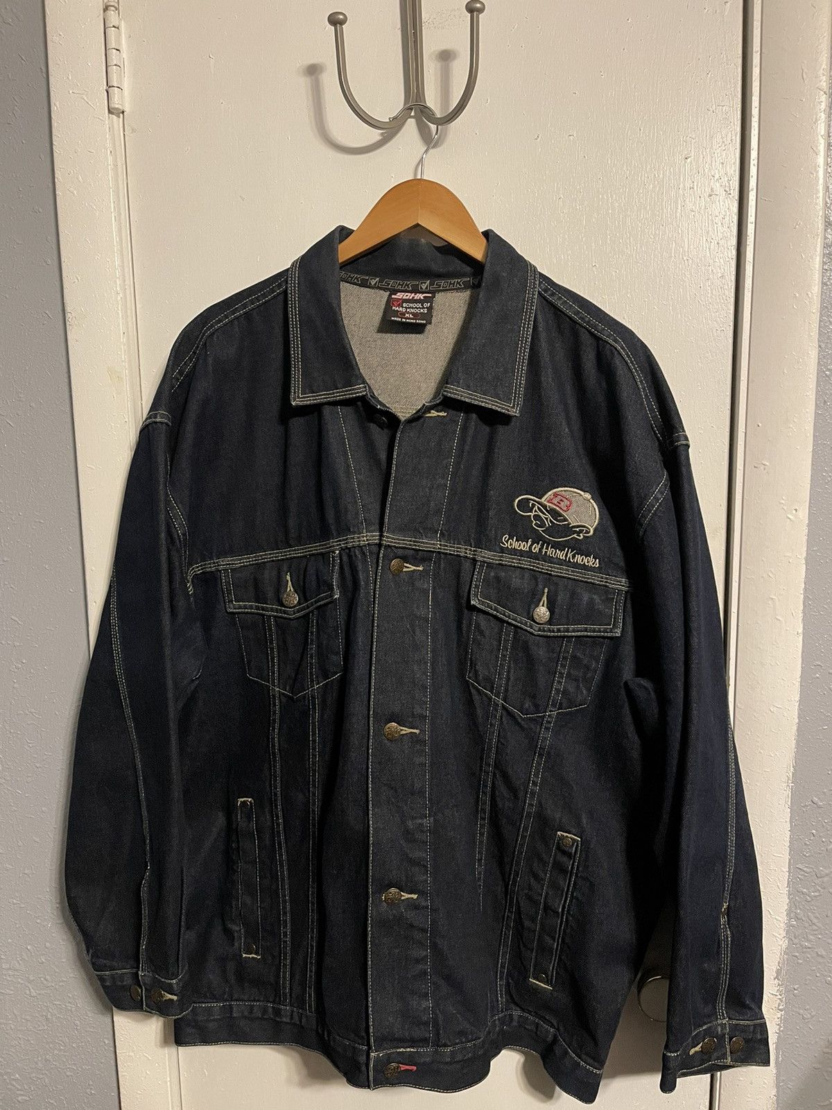 image of Vintage School Of Hard Knocks Denim Jacket in Dark Denim, Men's (Size XL)