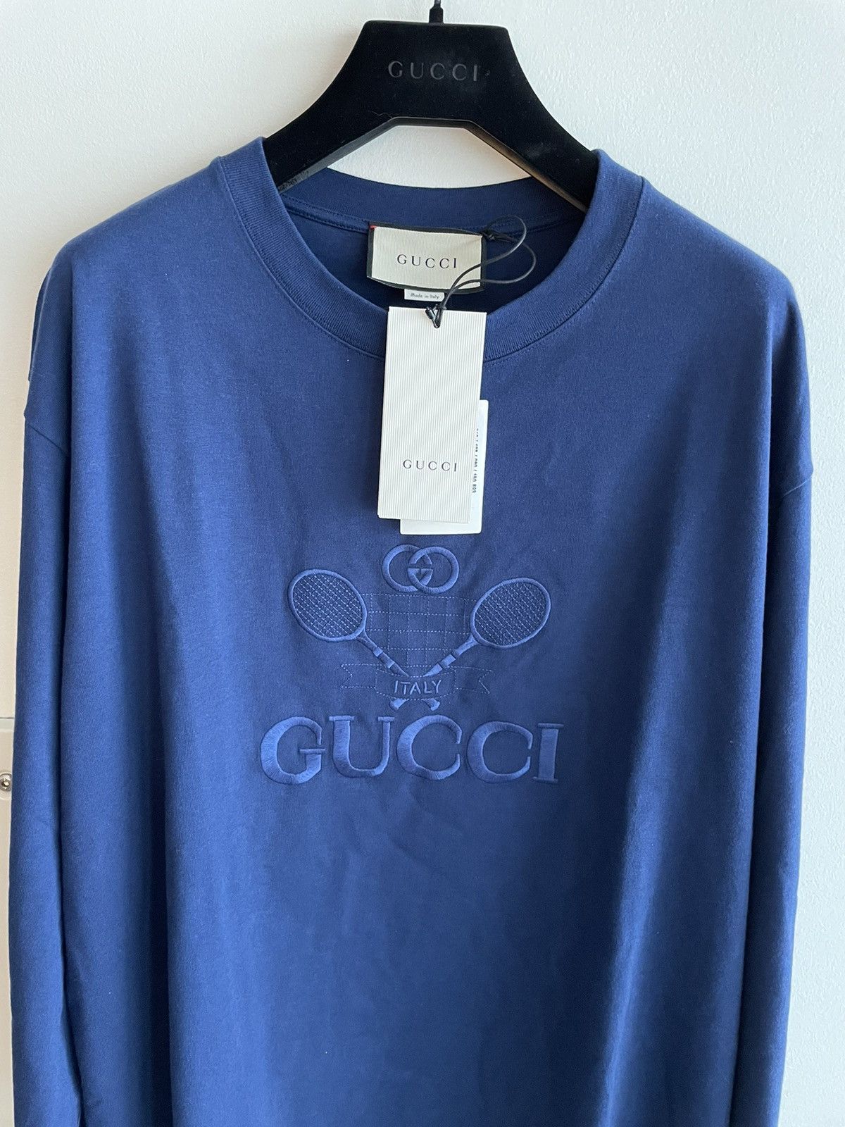 image of Gucci $2K Super Runway Embroidery Tennis Logo Shirt in Blue, Men's (Size 2XL)